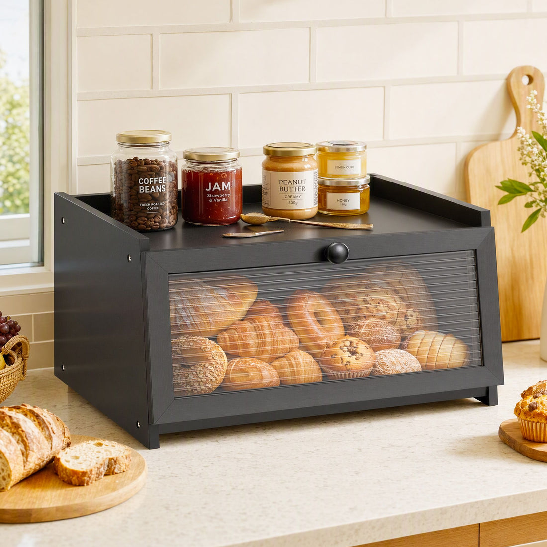 Artiss Bamboo Bread Box Kitchen Countertop Storage Clear Window Shelf 40cm Black-Home &amp; Garden > Kitchenware > Food Storage-PEROZ Accessories