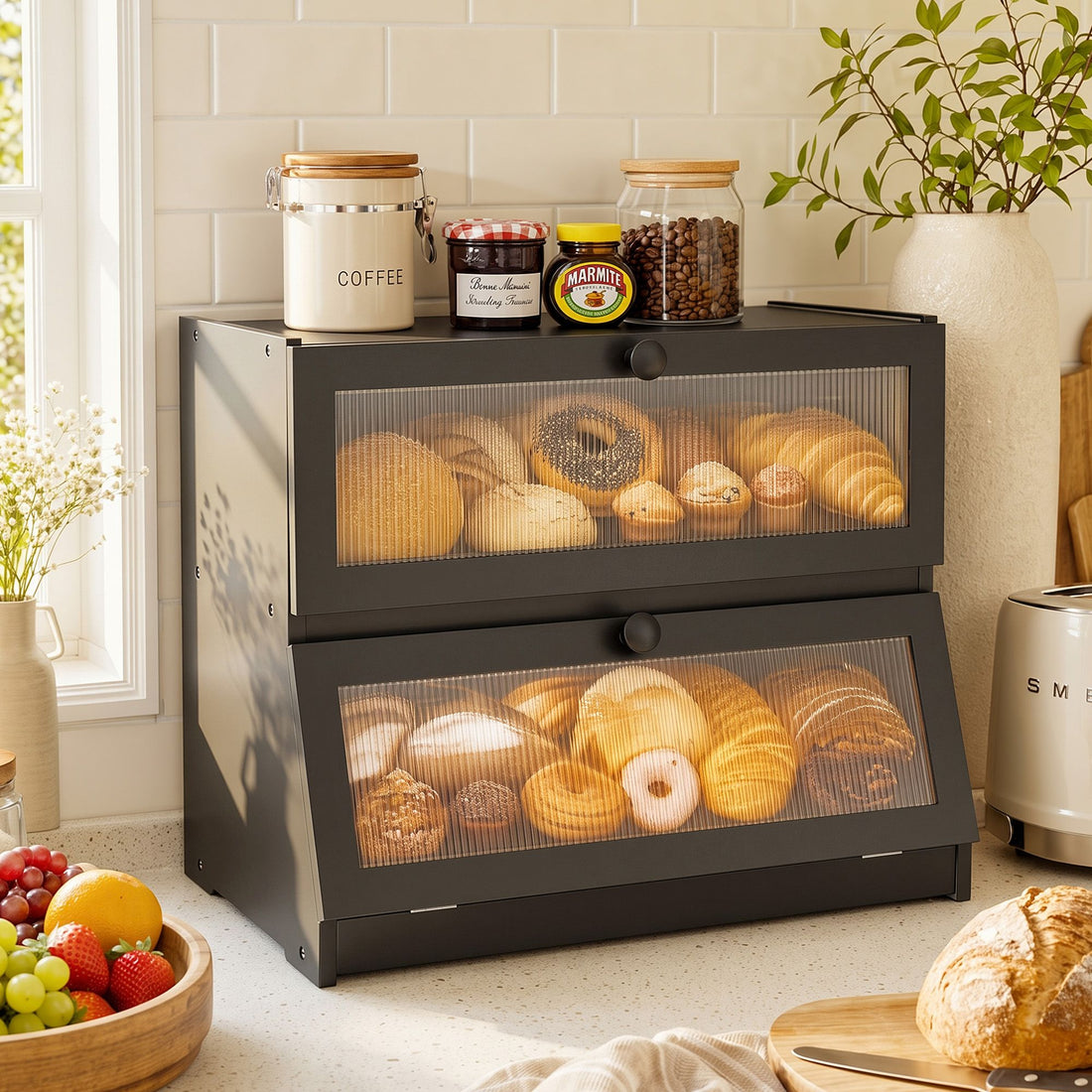 Artiss Bamboo Bread Box 2-Tier Kitchen Countertop Storage 40cm Black-Home &amp; Garden > Kitchenware > Food Storage-PEROZ Accessories