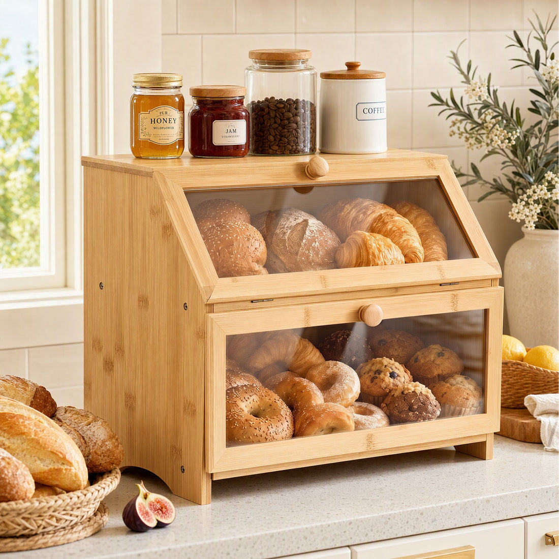 Artiss Bamboo Bread Box 2-Tier Kitchen Countertop Storage 39cm Natural-Home &amp; Garden > Kitchenware > Food Storage-PEROZ Accessories
