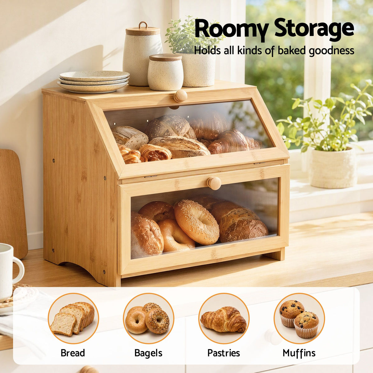 Artiss Bamboo Bread Box 2-Tier Kitchen Countertop Storage 39cm Natural