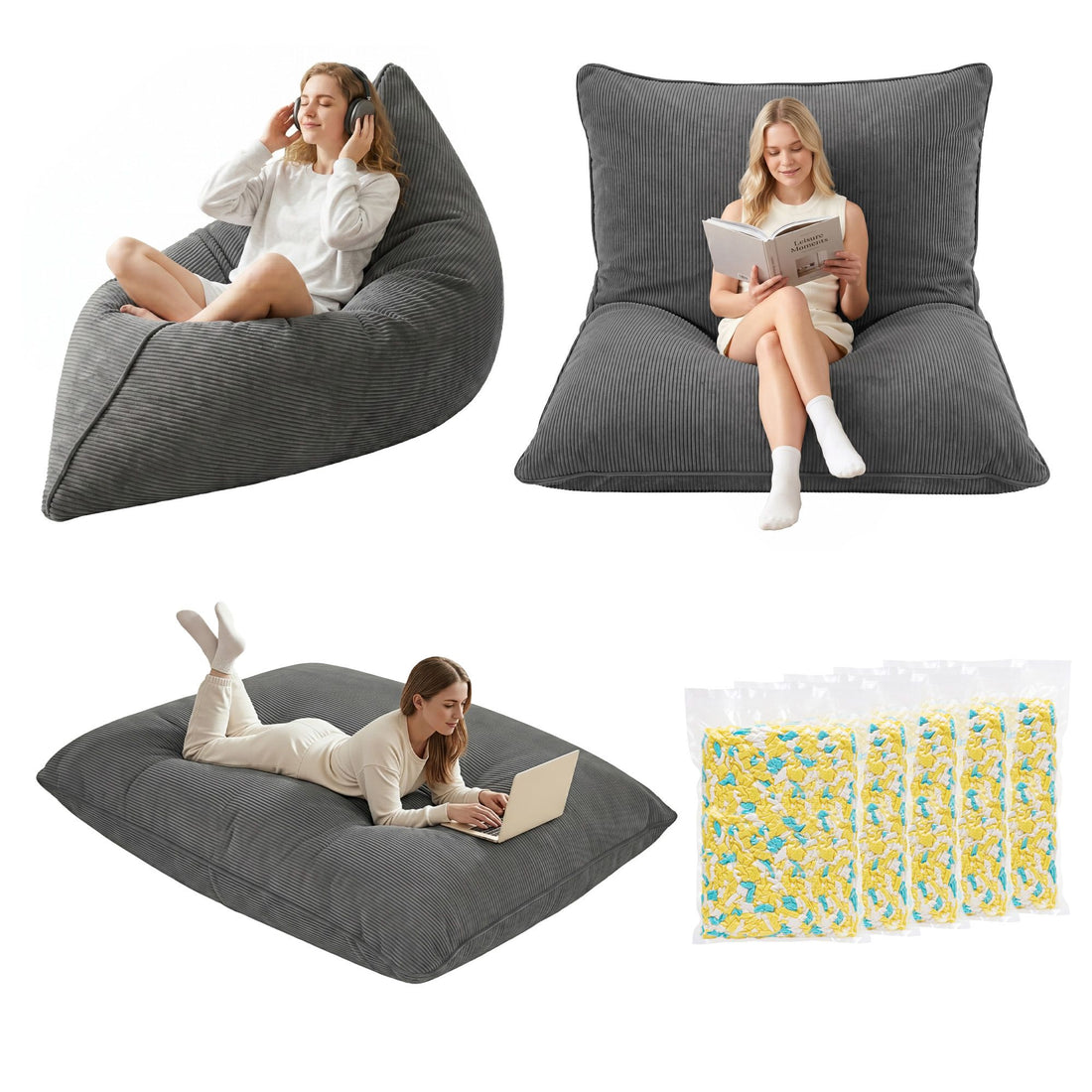 Artiss 3 in 1 Bean Bag Chair with Filler Convertible Bean Bag for Adults, Corduroy DIY Stuffed Bean Bag Sofa Washable for Living Room Bedroom, Grey-Furniture > Sofas > Sofa Accessories-PEROZ Accessories