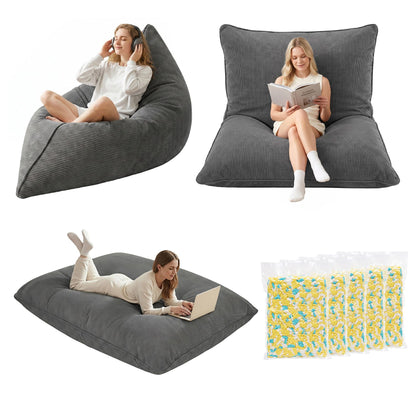 Artiss 3 in 1 Bean Bag Chair with Filler Convertible Bean Bag for Adults, Corduroy DIY Stuffed Bean Bag Sofa Washable for Living Room Bedroom, Grey-Furniture > Sofas > Sofa Accessories-PEROZ Accessories
