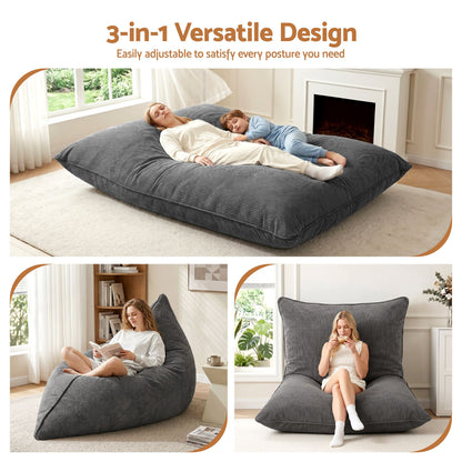 Artiss 3 in 1 Bean Bag Chair with Filler Convertible Bean Bag for Adults, Corduroy DIY Stuffed Bean Bag Sofa Washable for Living Room Bedroom, Grey-Furniture > Sofas > Sofa Accessories-PEROZ Accessories