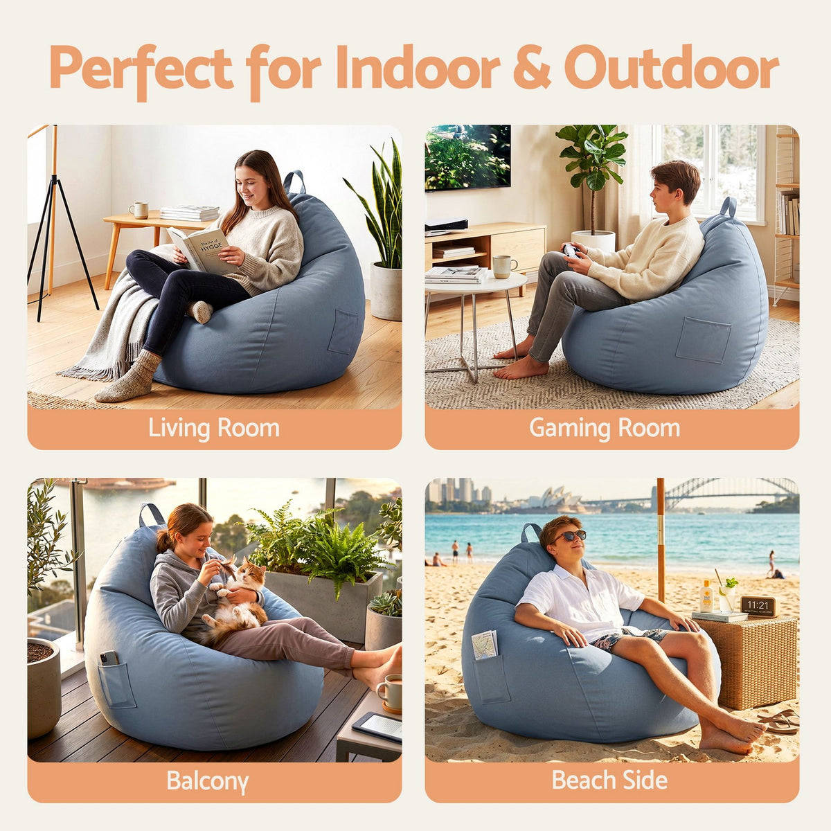 Artiss Outdoor Bean Bag Chair with Filler Splash-Proof Beanbag Sofa for Adults Teens Kids DIY Stuffable Bean Bag for Patio Poolside Relaxing, Grey