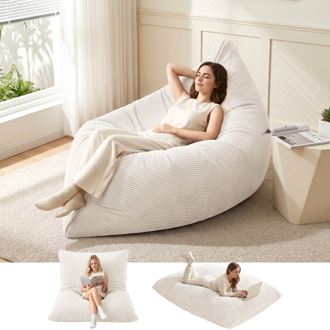 Artiss 3 in 1 Bean Bag Chair Cover (No Filler) Convertible Bean Bag for Adults, Corduroy Stuffed Animal Storage Bean Bag Cover Washable for Living Room Bedroom, Beige-Furniture > Sofas > Sofa Accessories-PEROZ Accessories