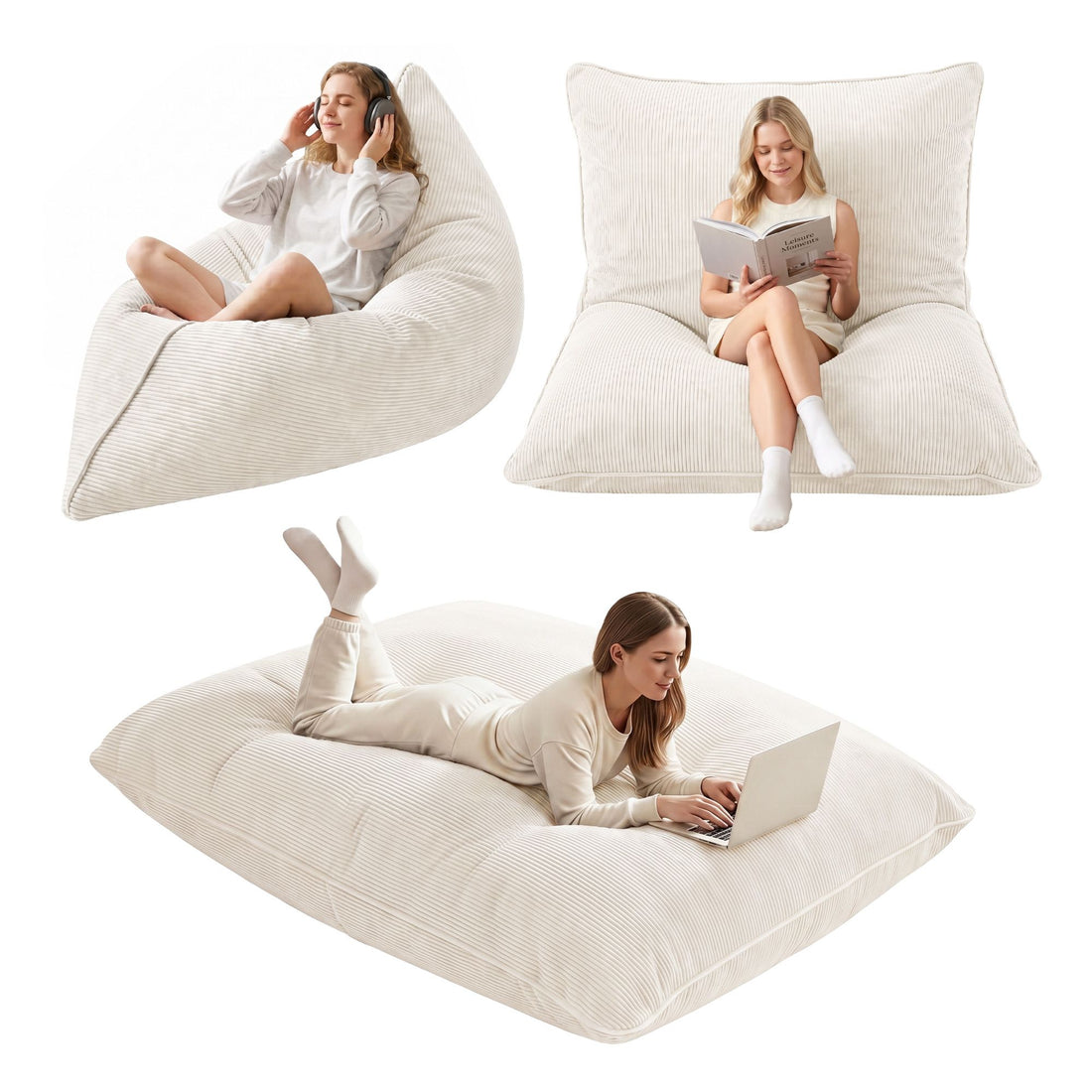 Artiss 3 in 1 Bean Bag Chair Cover (No Filler) Convertible Bean Bag for Adults, Corduroy Stuffed Animal Storage Bean Bag Cover Washable for Living Room Bedroom, Beige-Furniture > Sofas > Sofa Accessories-PEROZ Accessories