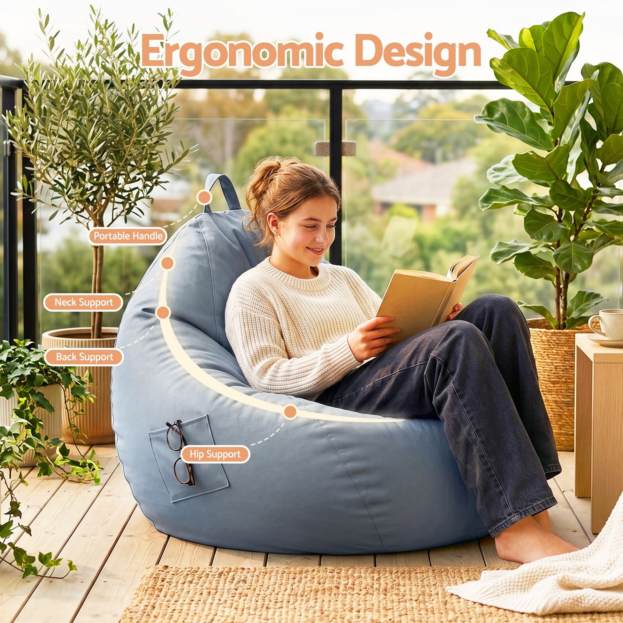 Artiss Outdoor Bean Bag Chair Cover (No Filler) Splash-Proof Beanbag Sofacover for Adults Teens Kids Stuffable Bean Bag Cover for Patio Poolside Relaxing, Grey-Furniture > Sofas > Sofa Accessories-PEROZ Accessories