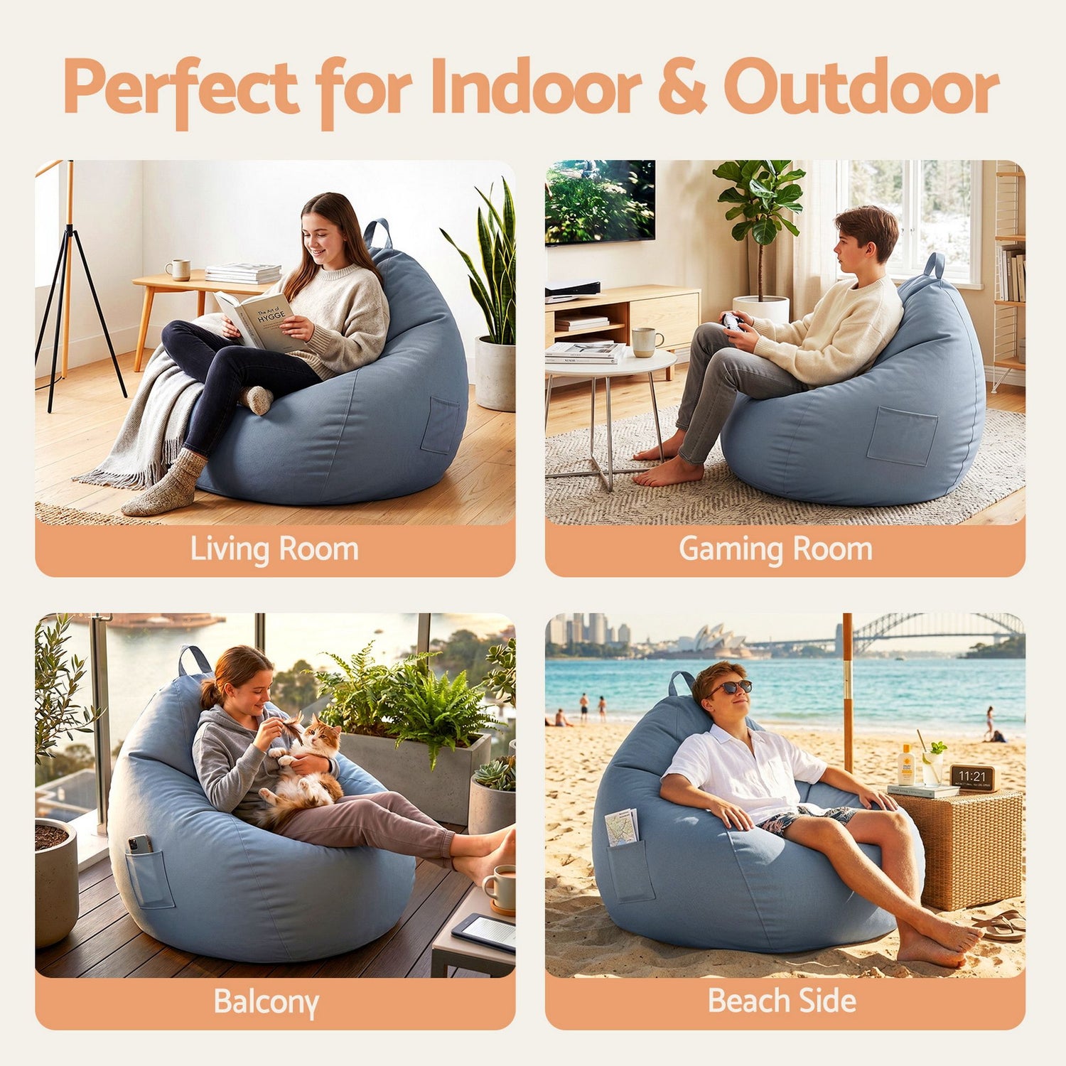Artiss Outdoor Bean Bag Chair Cover (No Filler) Splash-Proof Beanbag Sofacover for Adults Teens Kids Stuffable Bean Bag Cover for Patio Poolside Relaxing, Grey-Furniture > Sofas > Sofa Accessories-PEROZ Accessories