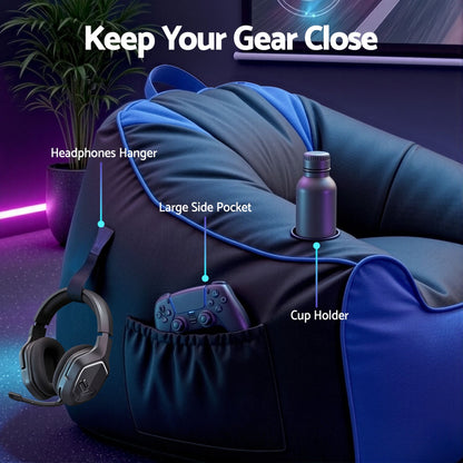 Artiss Gaming Bean Bag Chair Cover (No Filler) for Adults Teens Kids Splash-Proof Floor Gaming Chair Cover with Side Pockets, Headphone Hanger, Cup Holder, Bean Bag Cover Only-Furniture > Sofas > Sofa Accessories-PEROZ Accessories