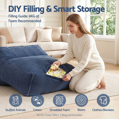 Artiss Bean Bag Chair Cover (No Filler) Soft Corduroy Stuffed Animal Storage Bean Bag Cover for Adults, Washable Lazy Sofa Cover for Living Room Bedroom, Blue-Furniture > Sofas > Sofa Accessories-PEROZ Accessories