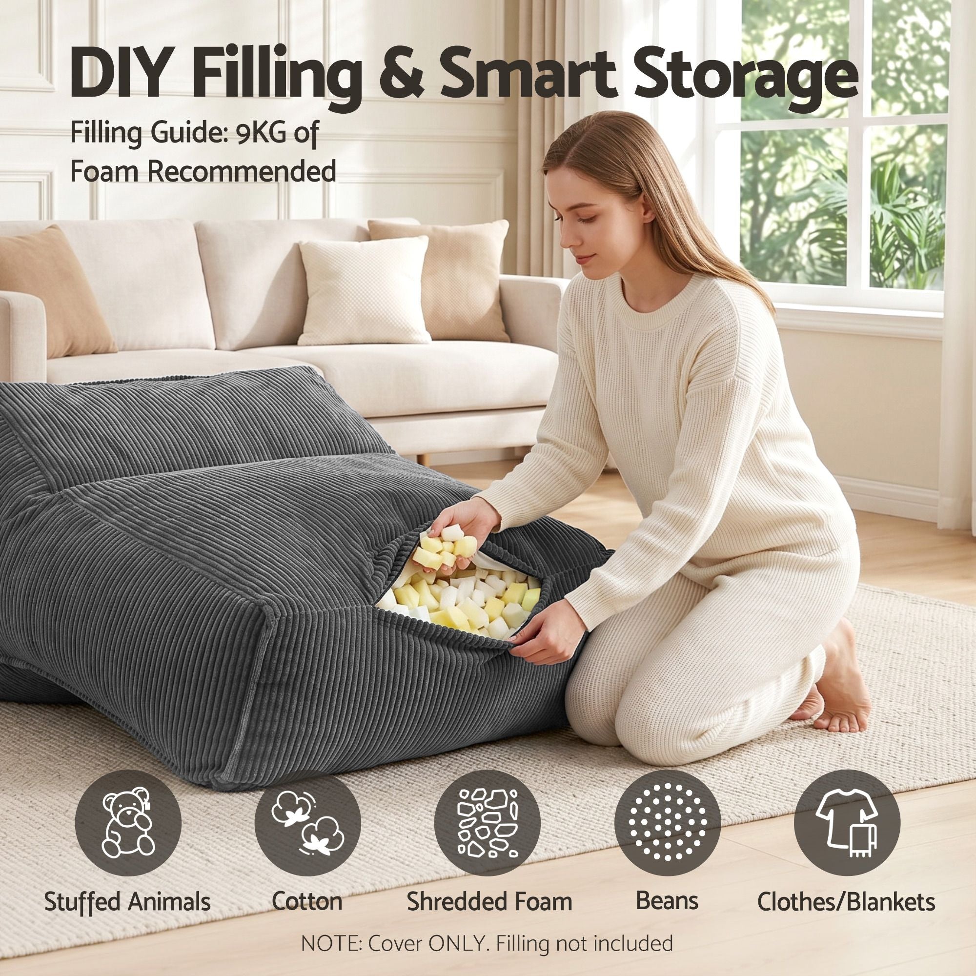 Artiss Bean Bag Chair Cover (No Filler) Soft Corduroy Stuffed Animal Storage Bean Bag Cover for Adults, Washable Lazy Sofa Cover for Living Room Bedroom, Grey-Furniture > Sofas > Sofa Accessories-PEROZ Accessories