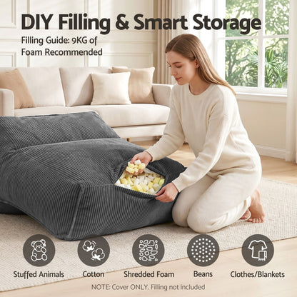 Artiss Bean Bag Chair Cover (No Filler) Soft Corduroy Stuffed Animal Storage Bean Bag Cover for Adults, Washable Lazy Sofa Cover for Living Room Bedroom, Grey-Furniture > Sofas > Sofa Accessories-PEROZ Accessories