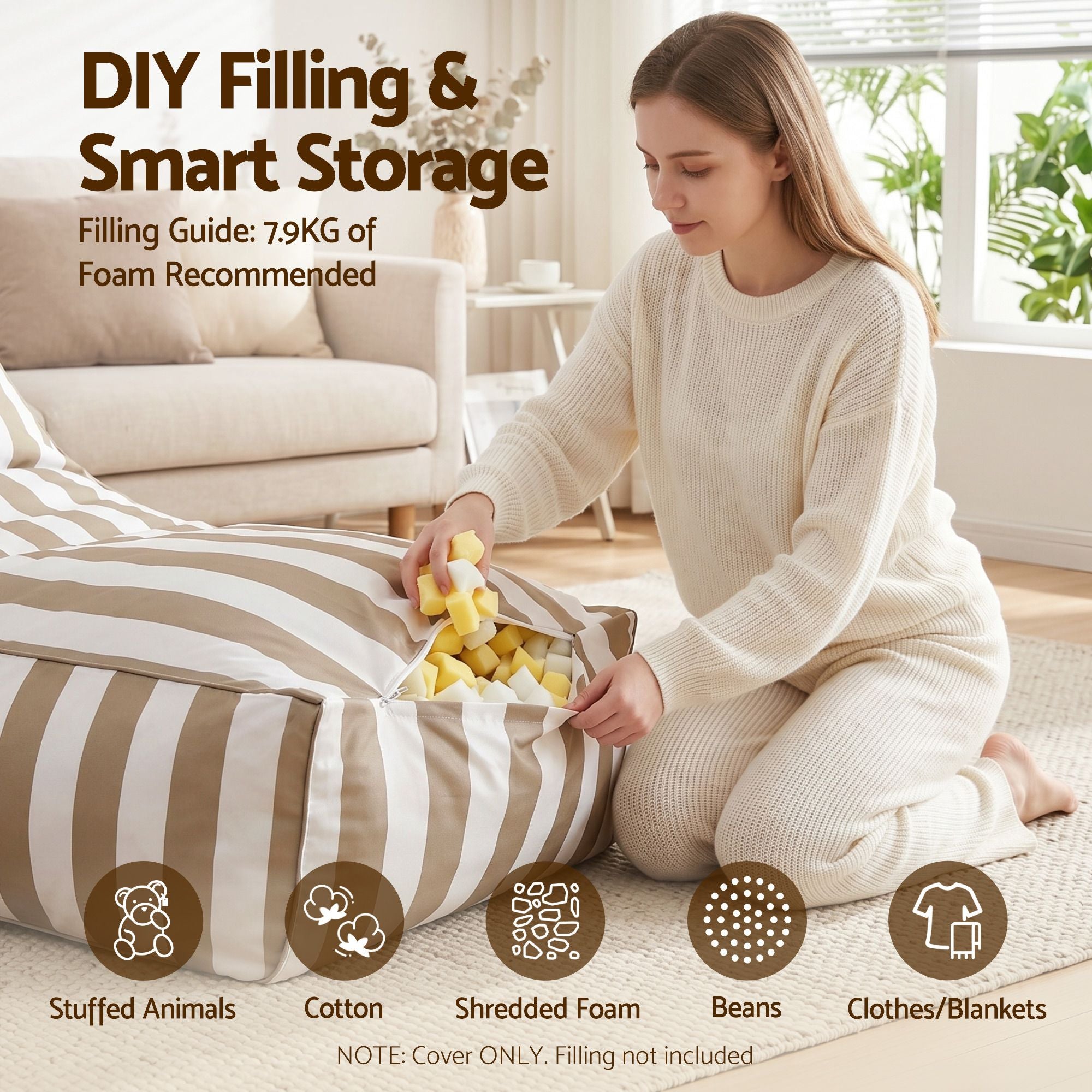 Artiss Outdoor Bean Bag Chair Cover (No Filler) Splash-Proof Beanbag Lounge Sofacover Stuffed Animal Storage Bean Bag Cover for Patio Poolside Relaxing, Taupe-Furniture > Sofas > Sofa Accessories-PEROZ Accessories