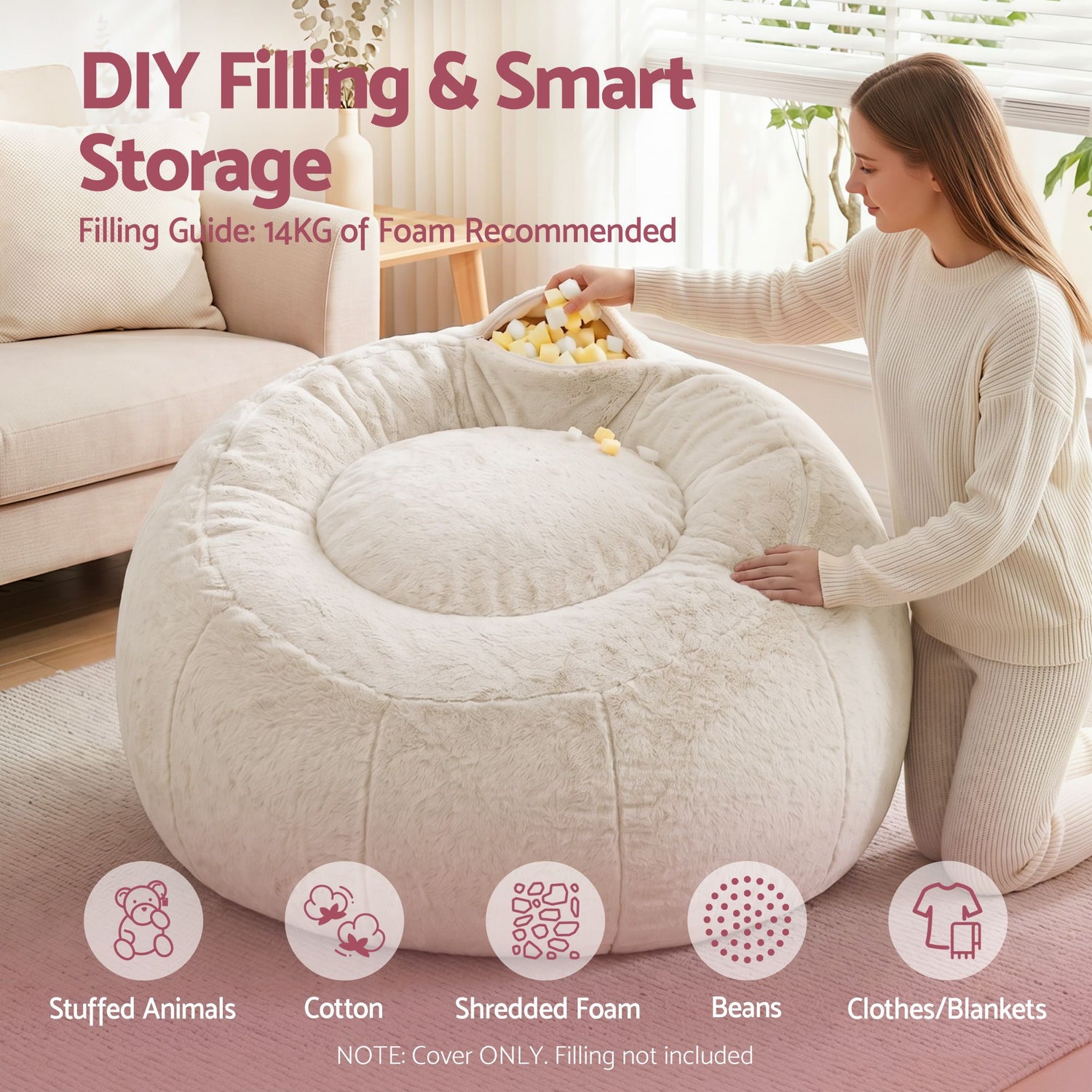 Artiss Bean Bag Chair Cover (No Filler) Soft Faux Fur Beanbag Cover Large Round Stuffed Animal Storage Bean Bag Cover Washable Lazy Sofa Cover for Adults Kids Teens, Beige-Furniture > Sofas > Sofa Accessories-PEROZ Accessories