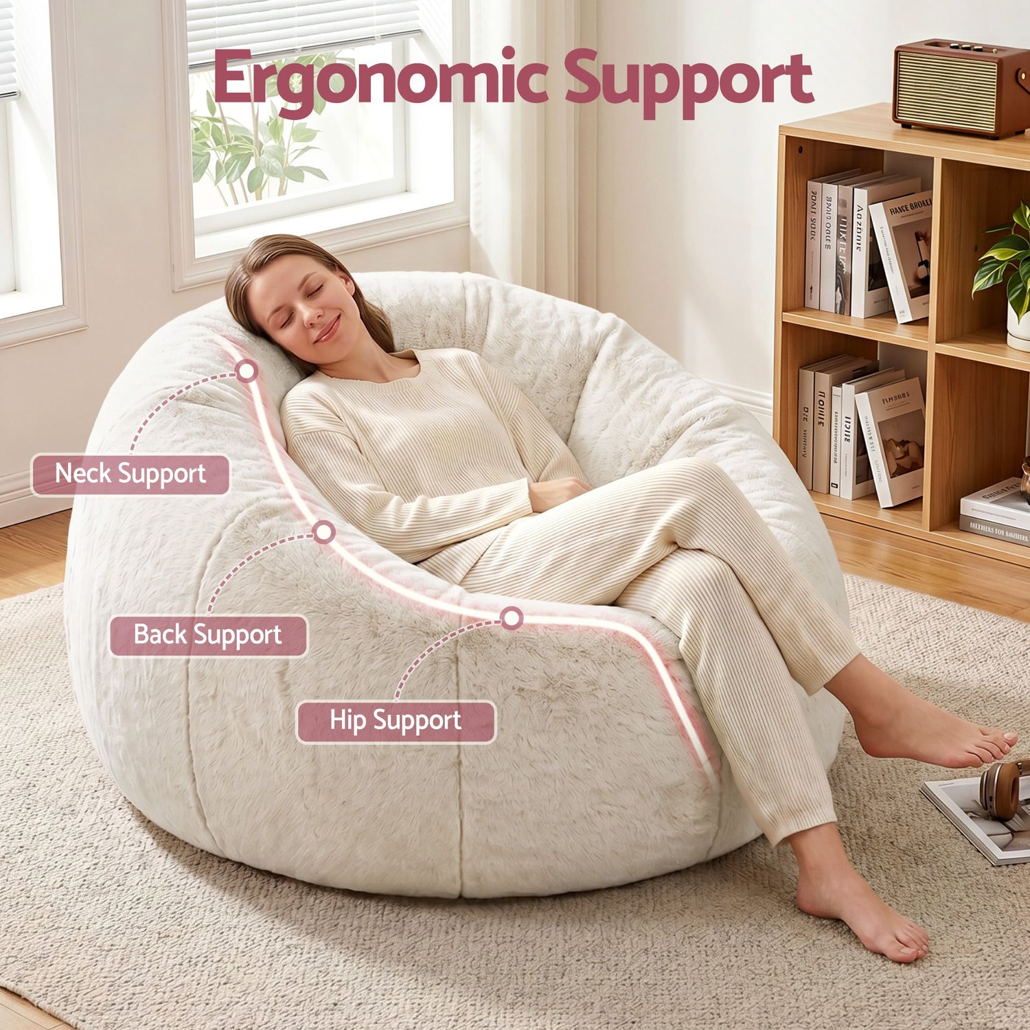 Artiss Bean Bag Chair Cover (No Filler) Soft Faux Fur Beanbag Cover Large Round Stuffed Animal Storage Bean Bag Cover Washable Lazy Sofa Cover for Adults Kids Teens, Beige-Furniture > Sofas > Sofa Accessories-PEROZ Accessories