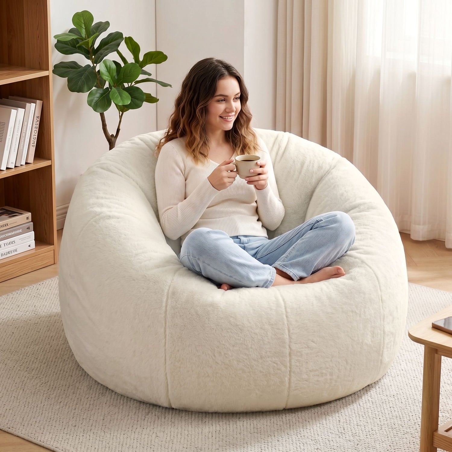 Artiss Bean Bag Chair Cover (No Filler) Soft Faux Fur Beanbag Cover Large Round Stuffed Animal Storage Bean Bag Cover Washable Lazy Sofa Cover for Adults Kids Teens, Beige-Furniture > Sofas > Sofa Accessories-PEROZ Accessories