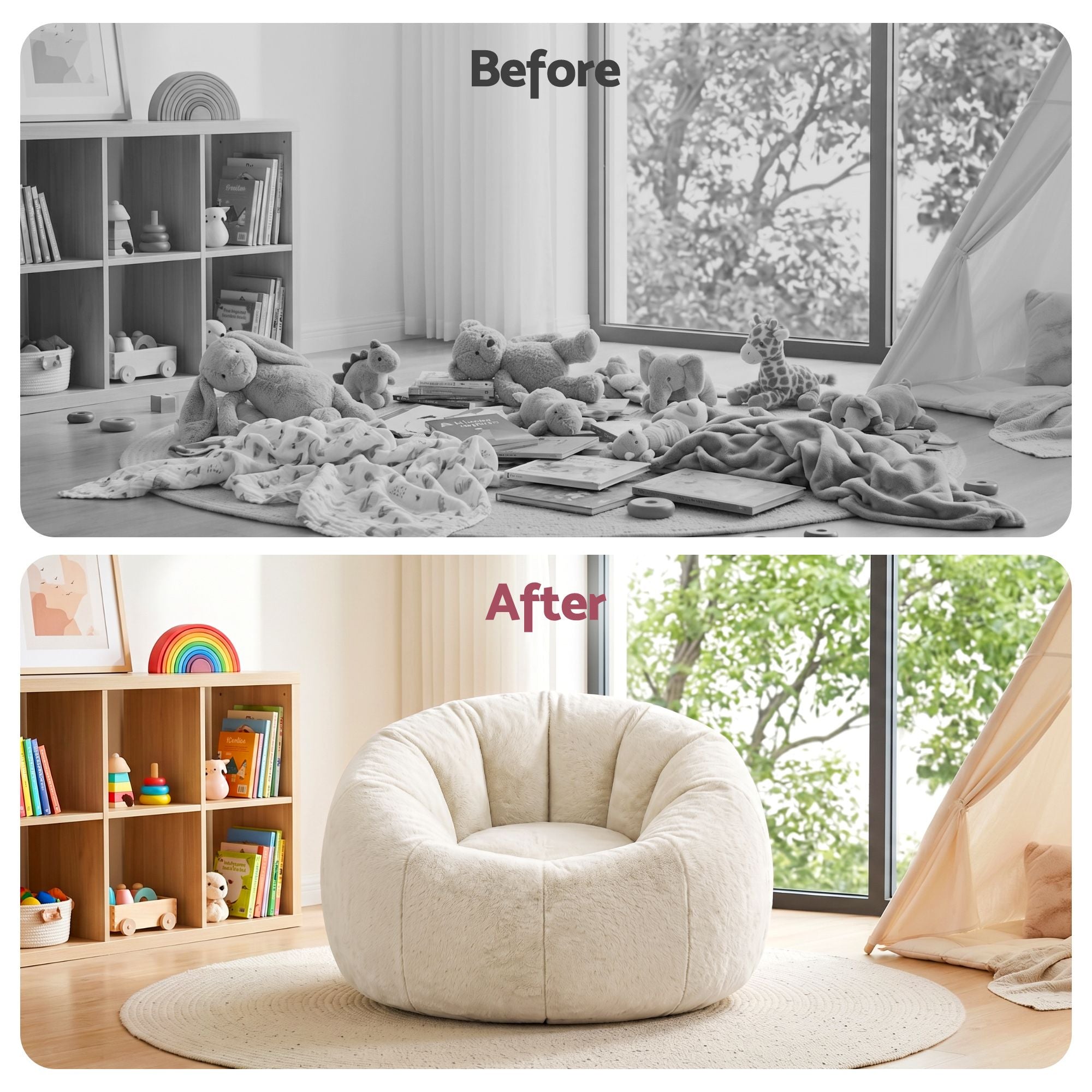 Artiss Bean Bag Chair Cover (No Filler) Soft Faux Fur Beanbag Cover Large Round Stuffed Animal Storage Bean Bag Cover Washable Lazy Sofa Cover for Adults Kids Teens, Beige-Furniture > Sofas > Sofa Accessories-PEROZ Accessories