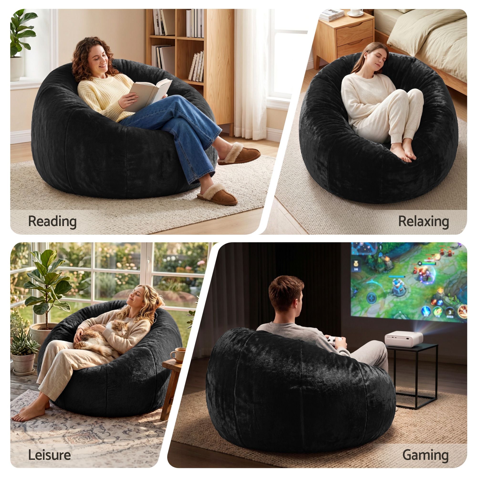 Artiss Bean Bag Chair Cover (No Filler) Soft Faux Fur Beanbag Cover Large Round Stuffed Animal Storage Bean Bag Cover Washable Lazy Sofa Cover for Adults Kids Teens, Black-Furniture > Sofas > Sofa Accessories-PEROZ Accessories