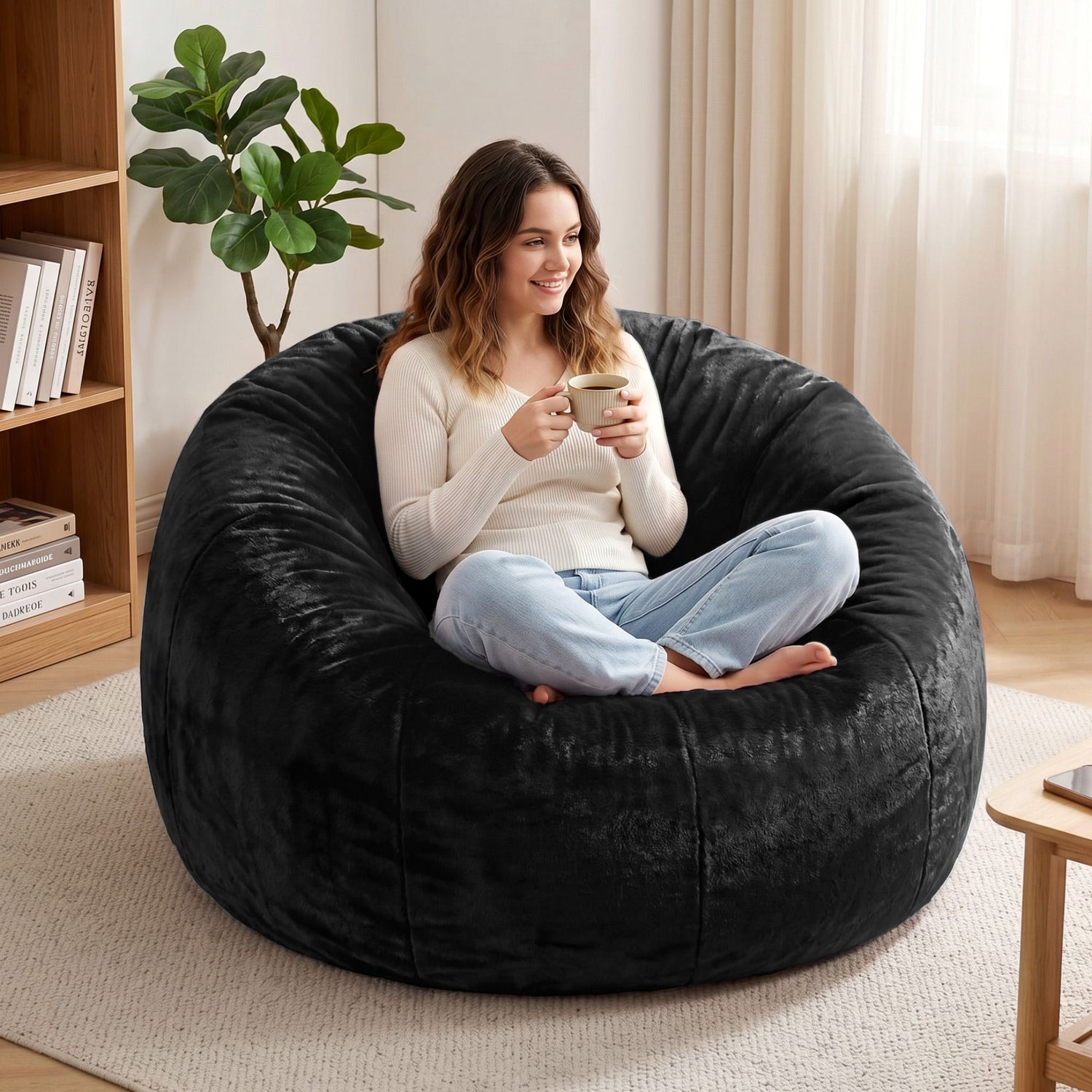 Artiss Bean Bag Chair Cover (No Filler) Soft Faux Fur Beanbag Cover Large Round Stuffed Animal Storage Bean Bag Cover Washable Lazy Sofa Cover for Adults Kids Teens, Black-Furniture > Sofas > Sofa Accessories-PEROZ Accessories