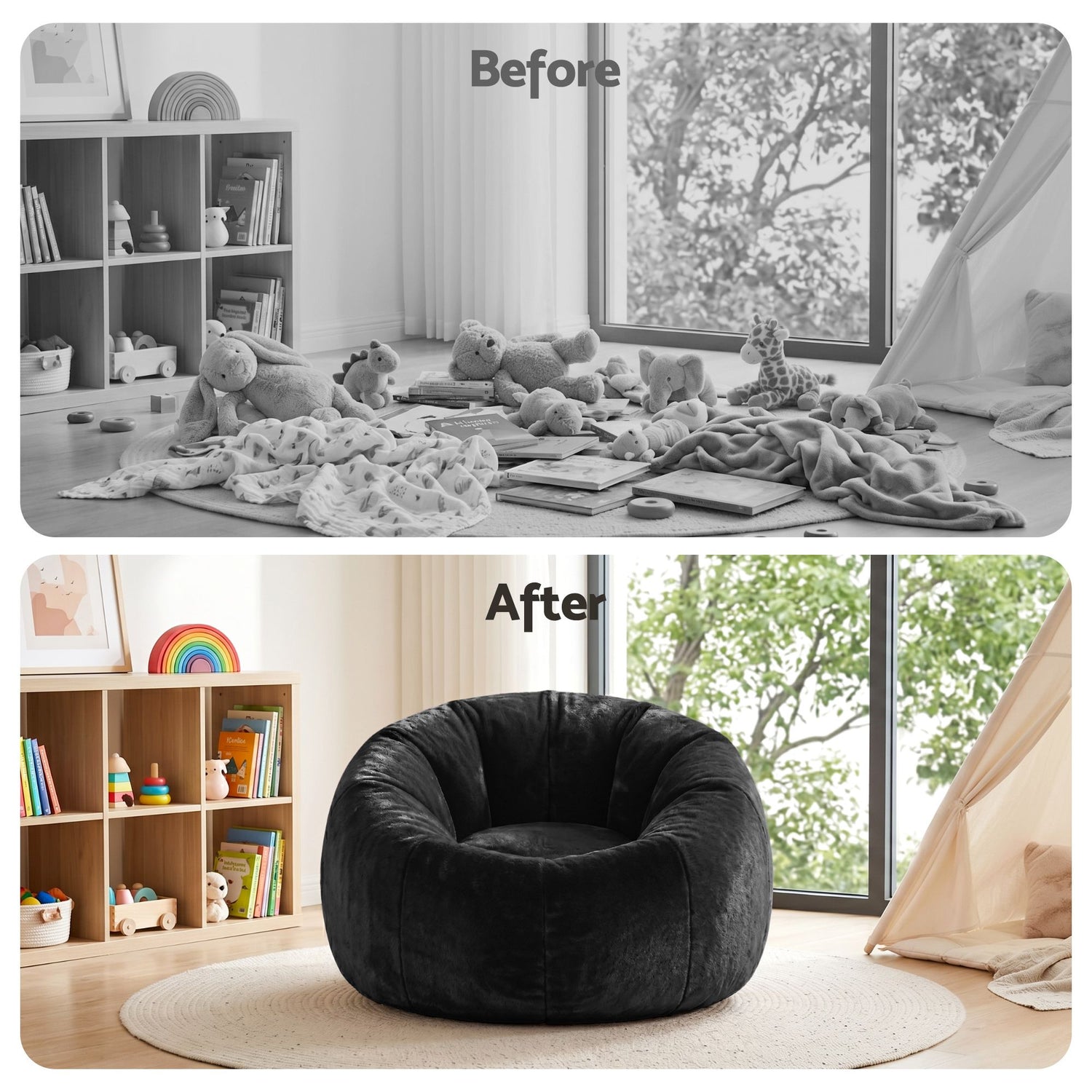 Artiss Bean Bag Chair Cover (No Filler) Soft Faux Fur Beanbag Cover Large Round Stuffed Animal Storage Bean Bag Cover Washable Lazy Sofa Cover for Adults Kids Teens, Black-Furniture > Sofas > Sofa Accessories-PEROZ Accessories