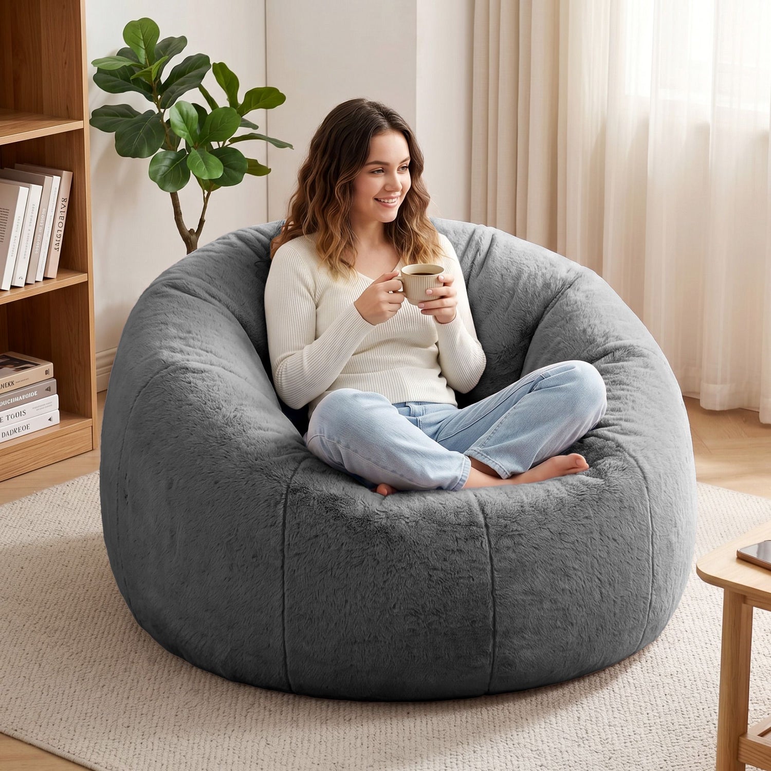 Artiss Bean Bag Chair Cover (No Filler) Soft Faux Fur Beanbag Cover Large Round Stuffed Animal Storage Bean Bag Cover Washable Lazy Sofa Cover for Adults Kids Teens, Grey-Furniture > Sofas > Sofa Accessories-PEROZ Accessories