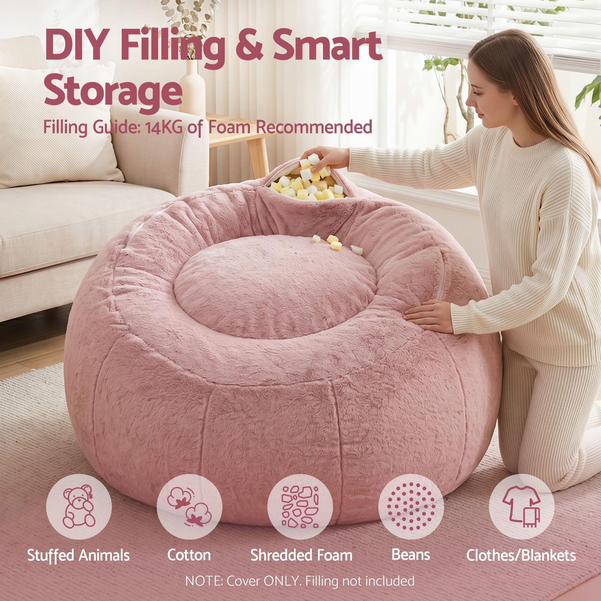 Artiss Bean Bag Chair Cover (No Filler) Soft Faux Fur Beanbag Cover Large Round Stuffed Animal Storage Bean Bag Cover Washable Lazy Sofa Cover for Adults Kids Teens, Pink-Furniture > Sofas > Sofa Accessories-PEROZ Accessories