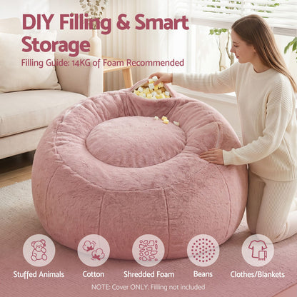 Artiss Bean Bag Chair Cover (No Filler) Soft Faux Fur Beanbag Cover Large Round Stuffed Animal Storage Bean Bag Cover Washable Lazy Sofa Cover for Adults Kids Teens, Pink-Furniture > Sofas > Sofa Accessories-PEROZ Accessories