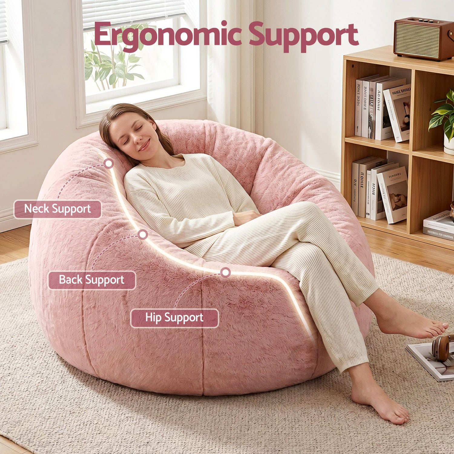 Artiss Bean Bag Chair Cover (No Filler) Soft Faux Fur Beanbag Cover Large Round Stuffed Animal Storage Bean Bag Cover Washable Lazy Sofa Cover for Adults Kids Teens, Pink-Furniture > Sofas > Sofa Accessories-PEROZ Accessories