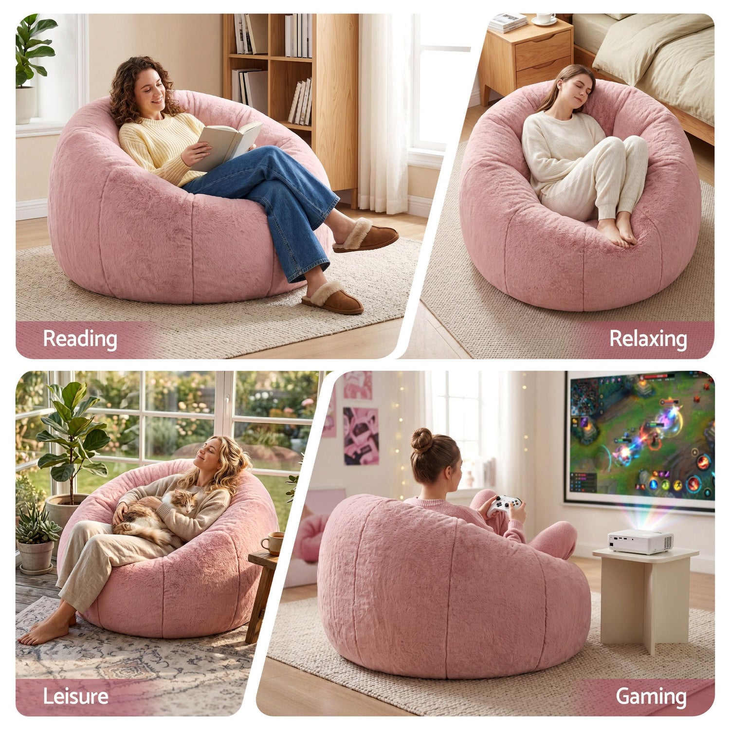 Artiss Bean Bag Chair Cover (No Filler) Soft Faux Fur Beanbag Cover Large Round Stuffed Animal Storage Bean Bag Cover Washable Lazy Sofa Cover for Adults Kids Teens, Pink-Furniture > Sofas > Sofa Accessories-PEROZ Accessories