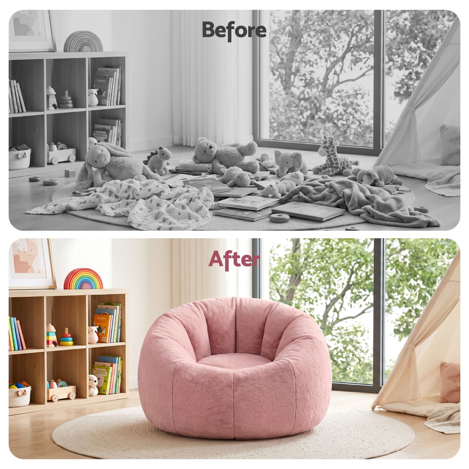 Artiss Bean Bag Chair Cover (No Filler) Soft Faux Fur Beanbag Cover Large Round Stuffed Animal Storage Bean Bag Cover Washable Lazy Sofa Cover for Adults Kids Teens, Pink-Furniture > Sofas > Sofa Accessories-PEROZ Accessories