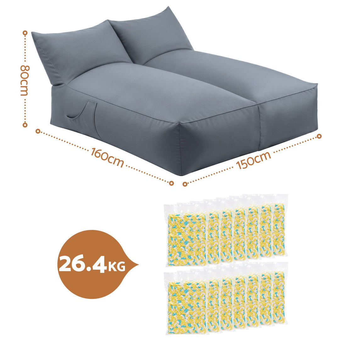 Artiss Outdoor Bean Bag Chair with Filler 2 Seater Beanbag Lounge Adults Splash-Proof Large Bean Bag Cover with Filling for Patio Poolside Relaxing Indoor, Grey-Furniture > Sofas > Sofa Accessories-PEROZ Accessories