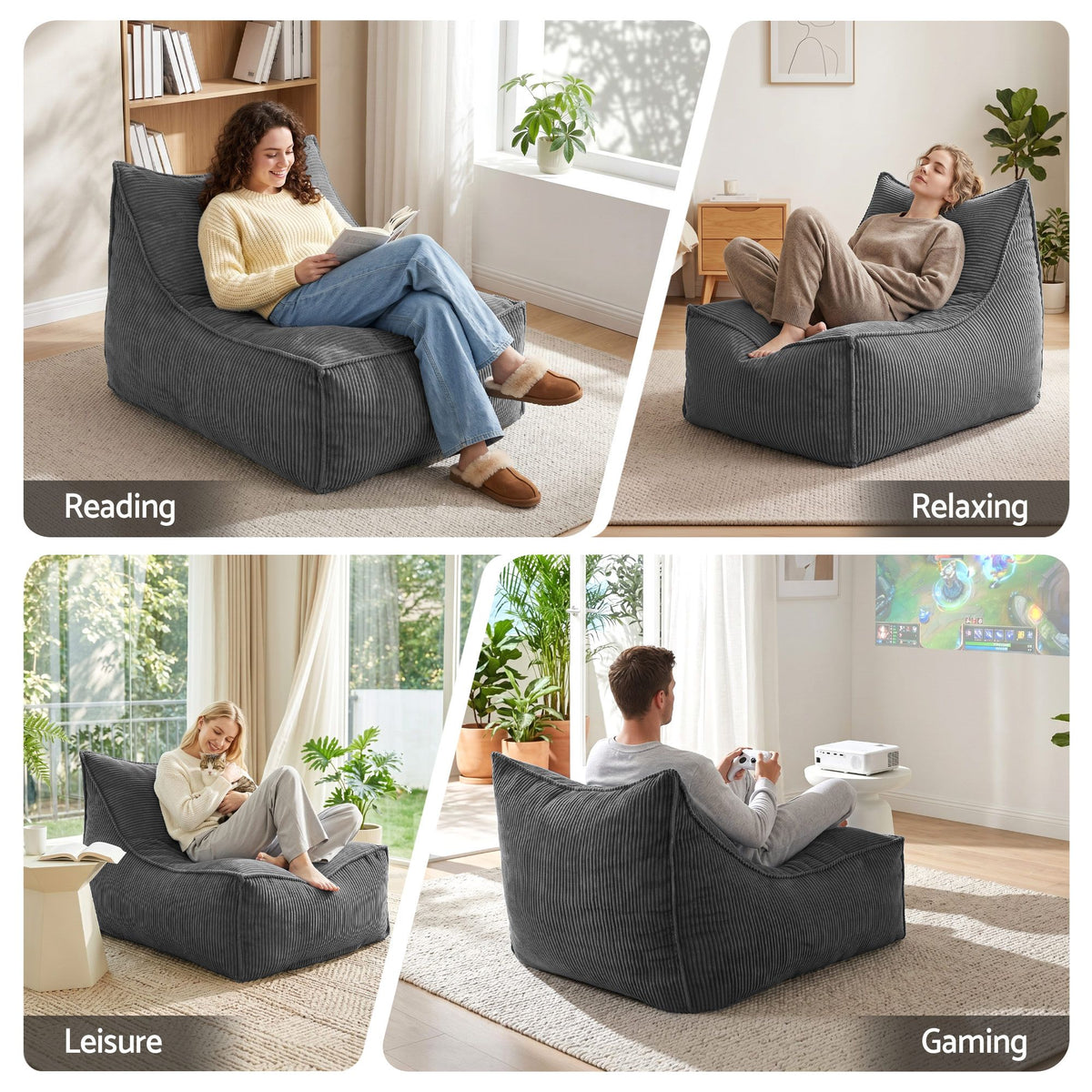 Artiss Bean Bag Chair Cover with Filler Soft Corduroy DIY Stuffed Animal Storage Bean Bag for Adults, Washable Lazy Sofa for Living Room Bedroom, Grey-Furniture > Sofas > Sofa Accessories-PEROZ Accessories
