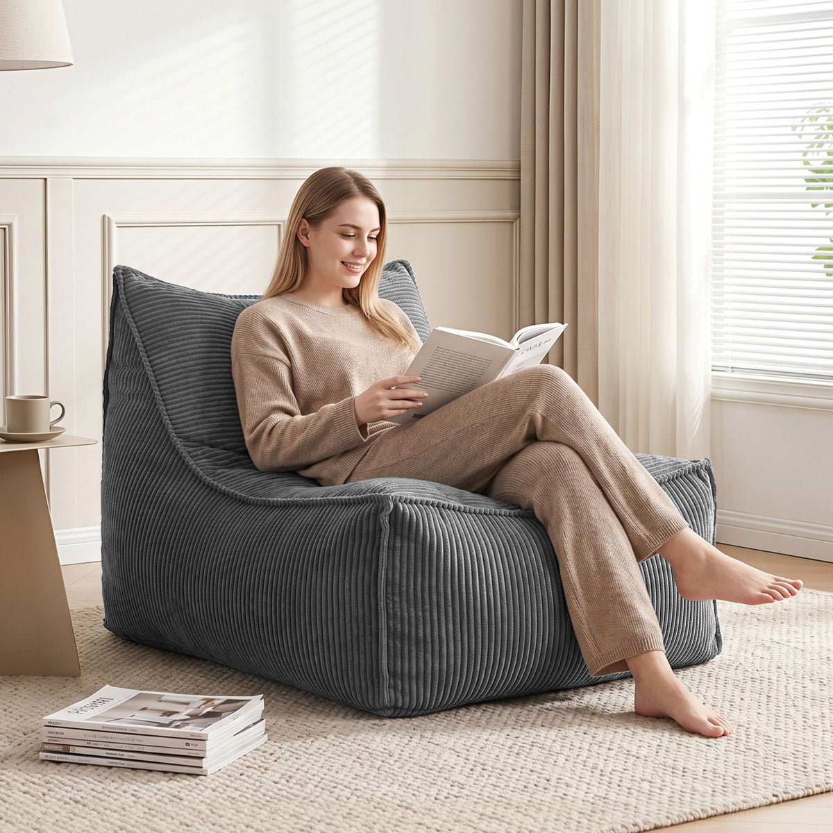 Artiss Bean Bag Chair Cover with Filler Soft Corduroy DIY Stuffed Animal Storage Bean Bag for Adults, Washable Lazy Sofa for Living Room Bedroom, Grey-Furniture > Sofas > Sofa Accessories-PEROZ Accessories