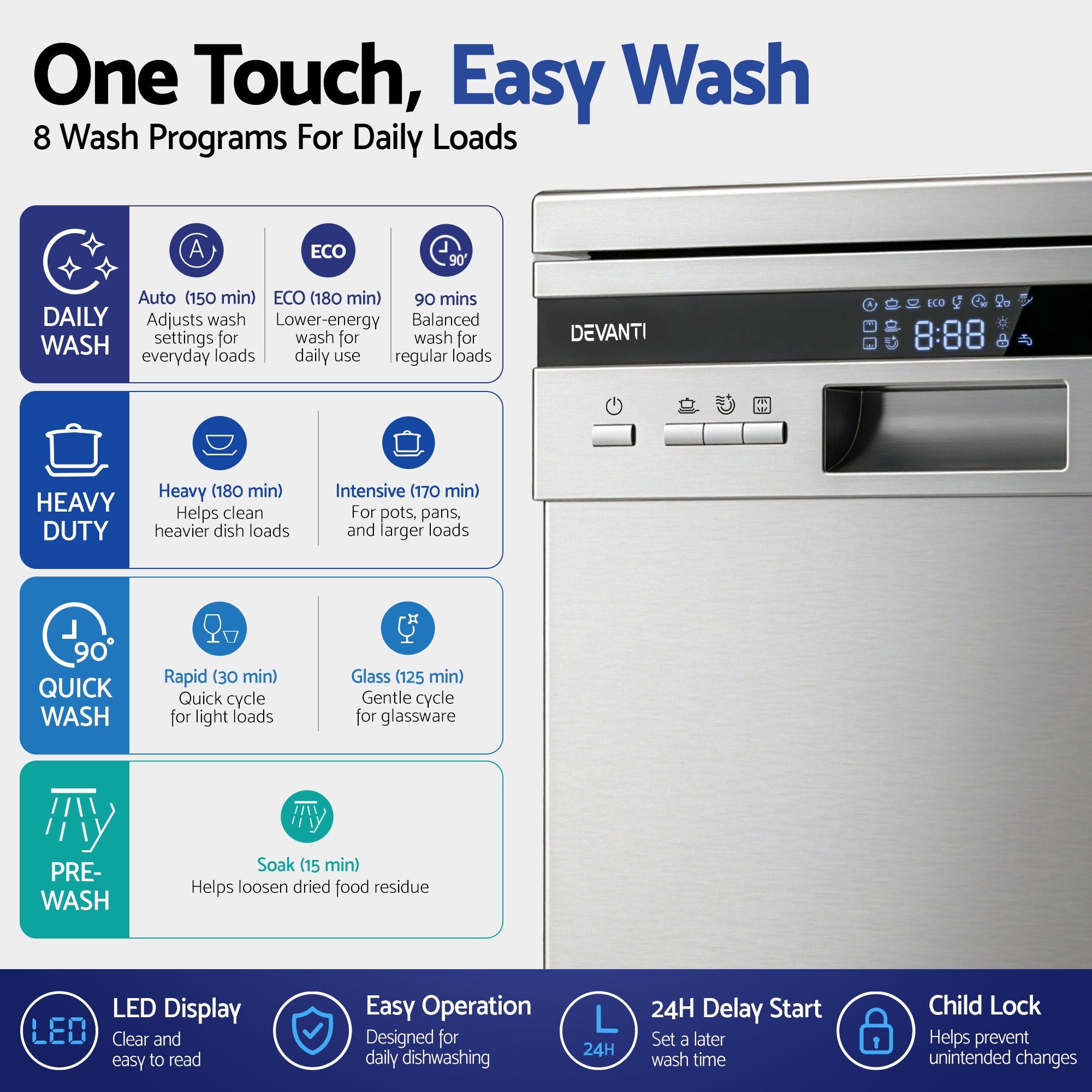 Devanti 10 Place Settings Freestanding Dishwasher Silver-Appliances > Kitchen Appliances > Dishwashers-PEROZ Accessories