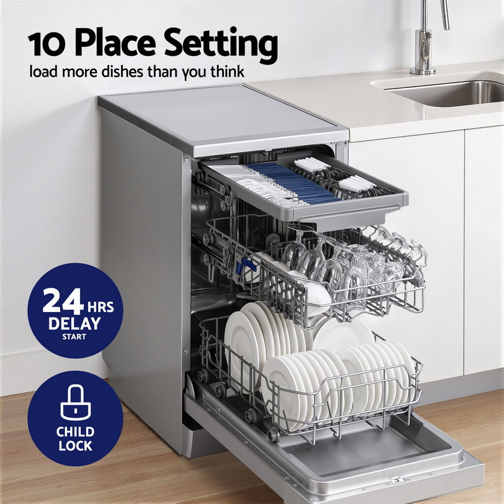 Devanti 10 Place Settings Freestanding Dishwasher Silver-Appliances &gt; Kitchen Appliances &gt; Dishwashers-PEROZ Accessories