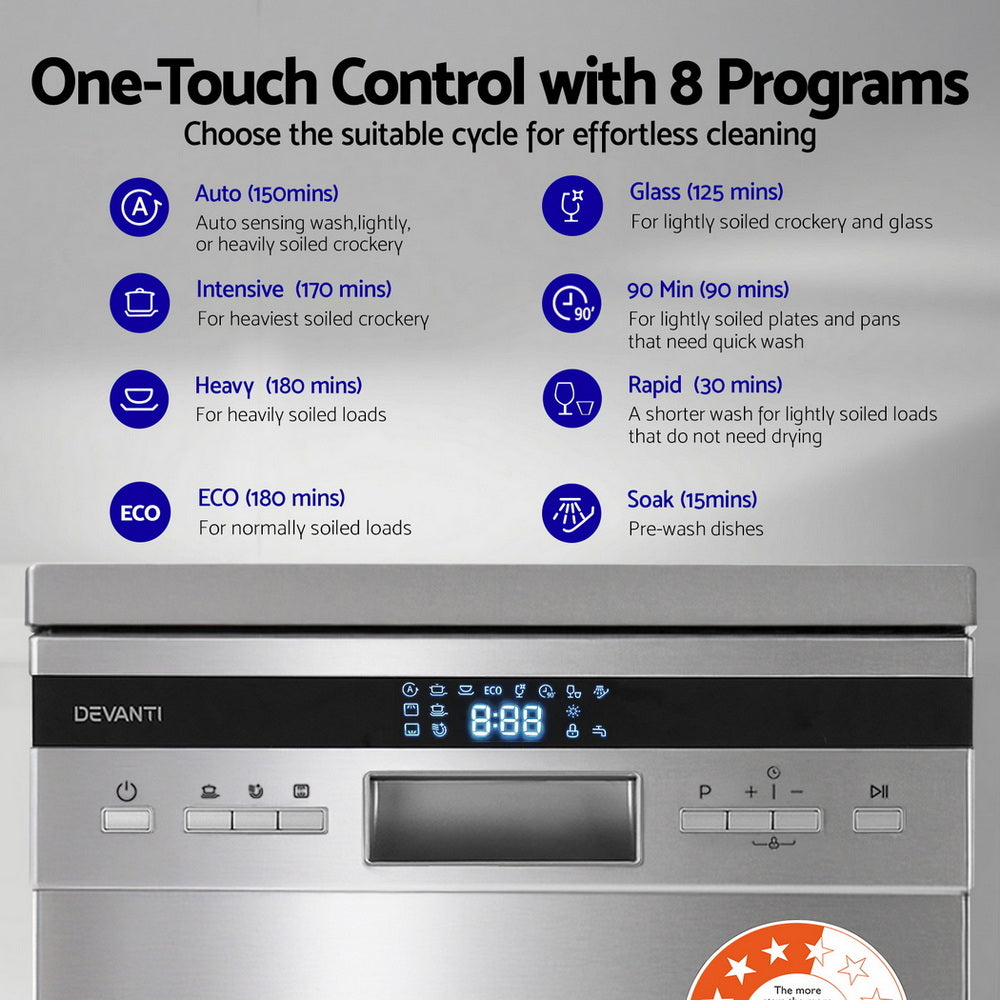 Devanti 10 Place Settings Freestanding Dishwasher Silver-Appliances &gt; Kitchen Appliances &gt; Dishwashers-PEROZ Accessories