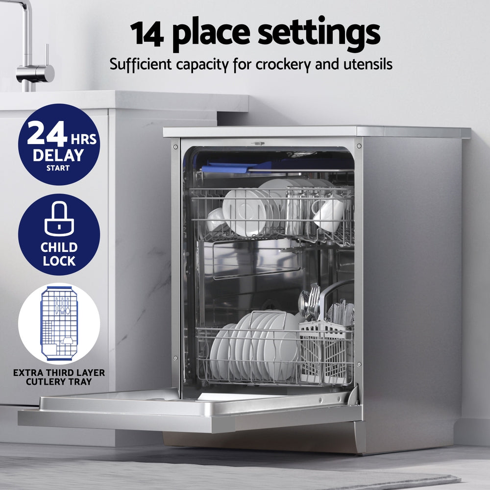Devanti 60cm 14 Place Settings Freestanding Dishwasher Silver-Appliances &gt; Kitchen Appliances &gt; Dishwashers-PEROZ Accessories