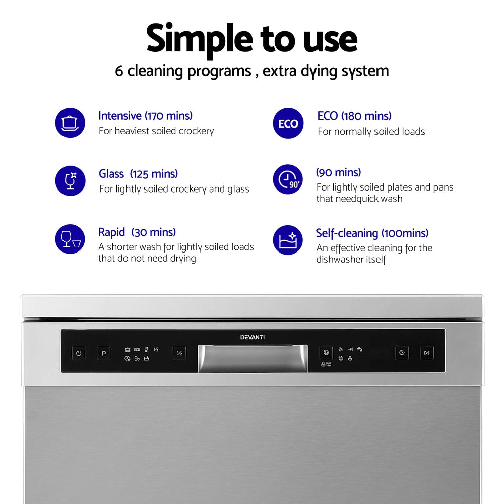 Devanti 60cm 14 Place Settings Freestanding Dishwasher Silver-Appliances &gt; Kitchen Appliances &gt; Dishwashers-PEROZ Accessories