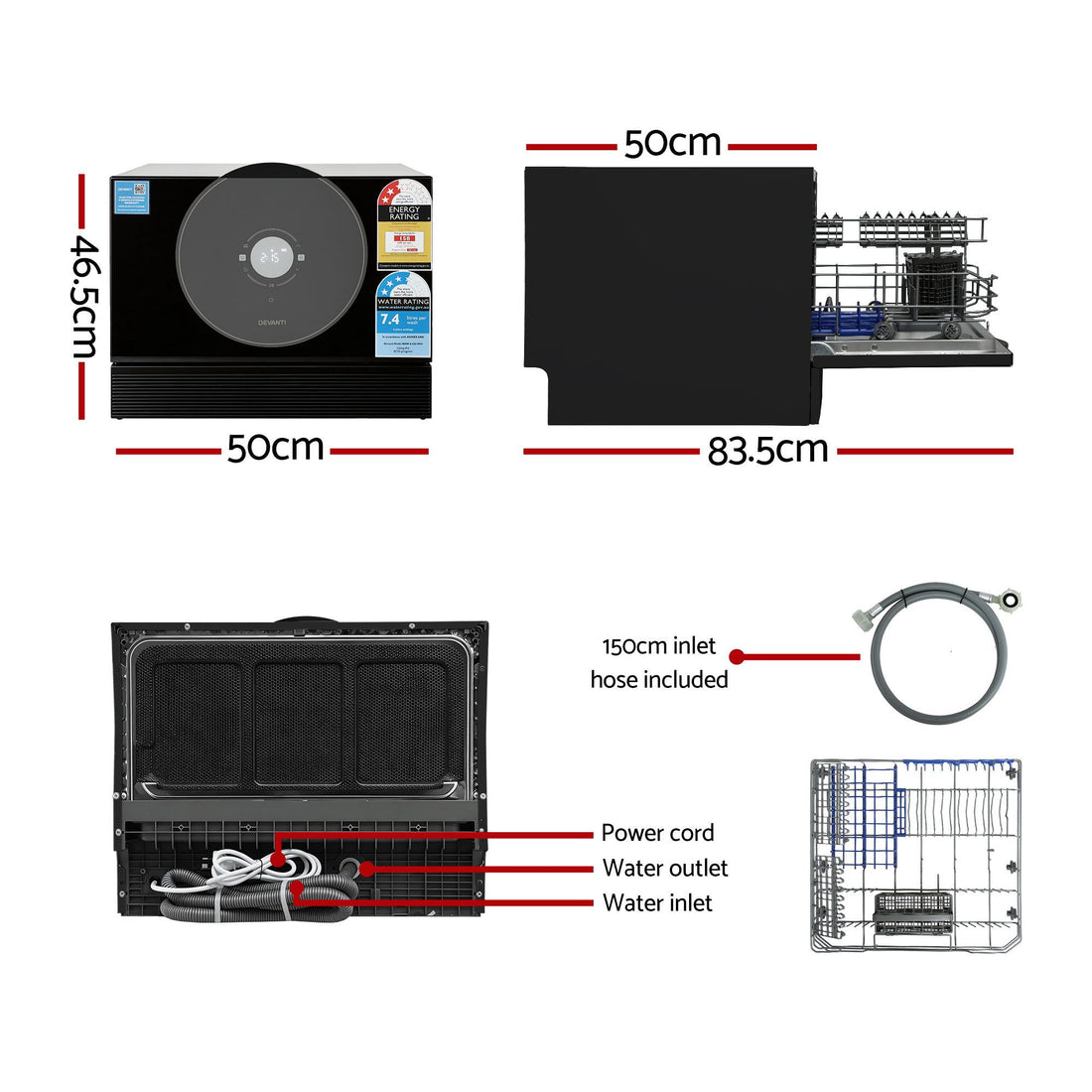 Devanti 6-Place Setting Benchtop Dishwasher 50cm Black-Appliances > Kitchen Appliances > Dishwashers-PEROZ Accessories
