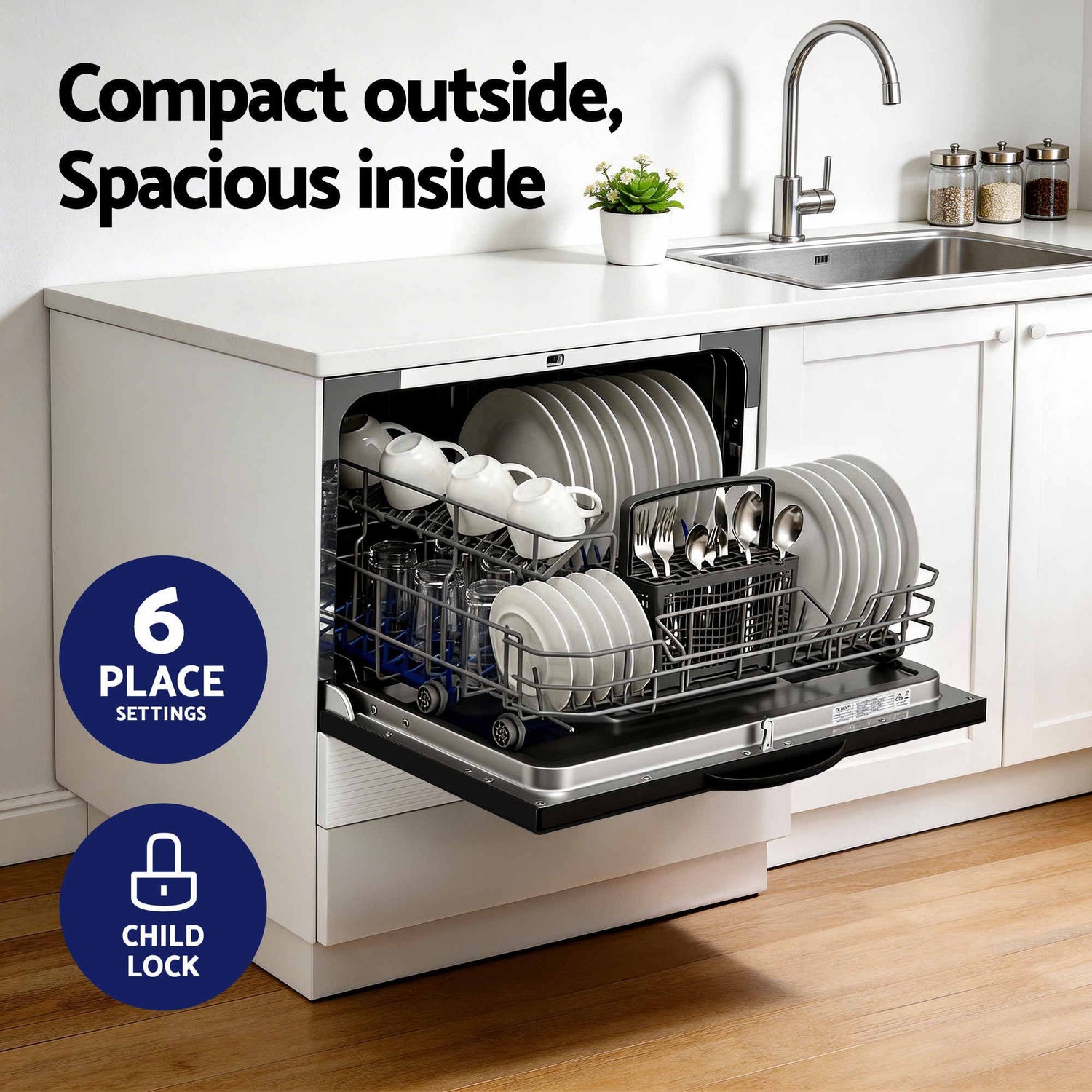 Devanti 6-Place Setting Benchtop Dishwasher 50cm Black-Appliances > Kitchen Appliances > Dishwashers-PEROZ Accessories