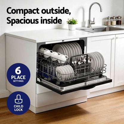 Devanti 6-Place Setting Benchtop Dishwasher 50cm Black-Appliances > Kitchen Appliances > Dishwashers-PEROZ Accessories