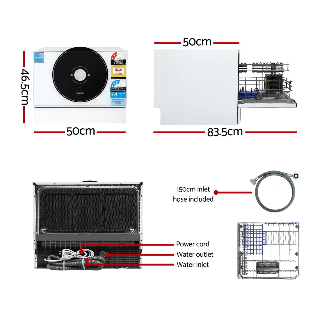 Devanti 6-Place Setting Benchtop Dishwasher 50cm White-Appliances > Kitchen Appliances > Dishwashers-PEROZ Accessories
