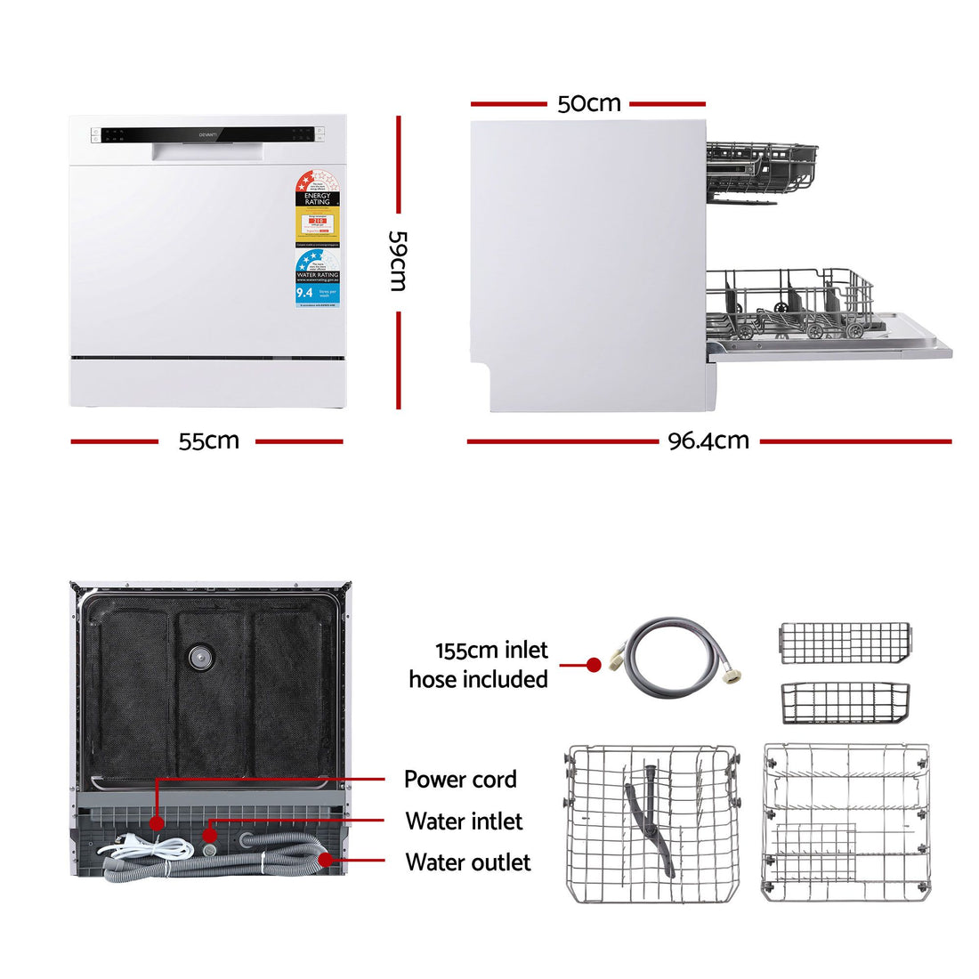 Devanti 8 Place Settings Benchtop Dishwasher White-Appliances > Kitchen Appliances > Dishwashers-PEROZ Accessories