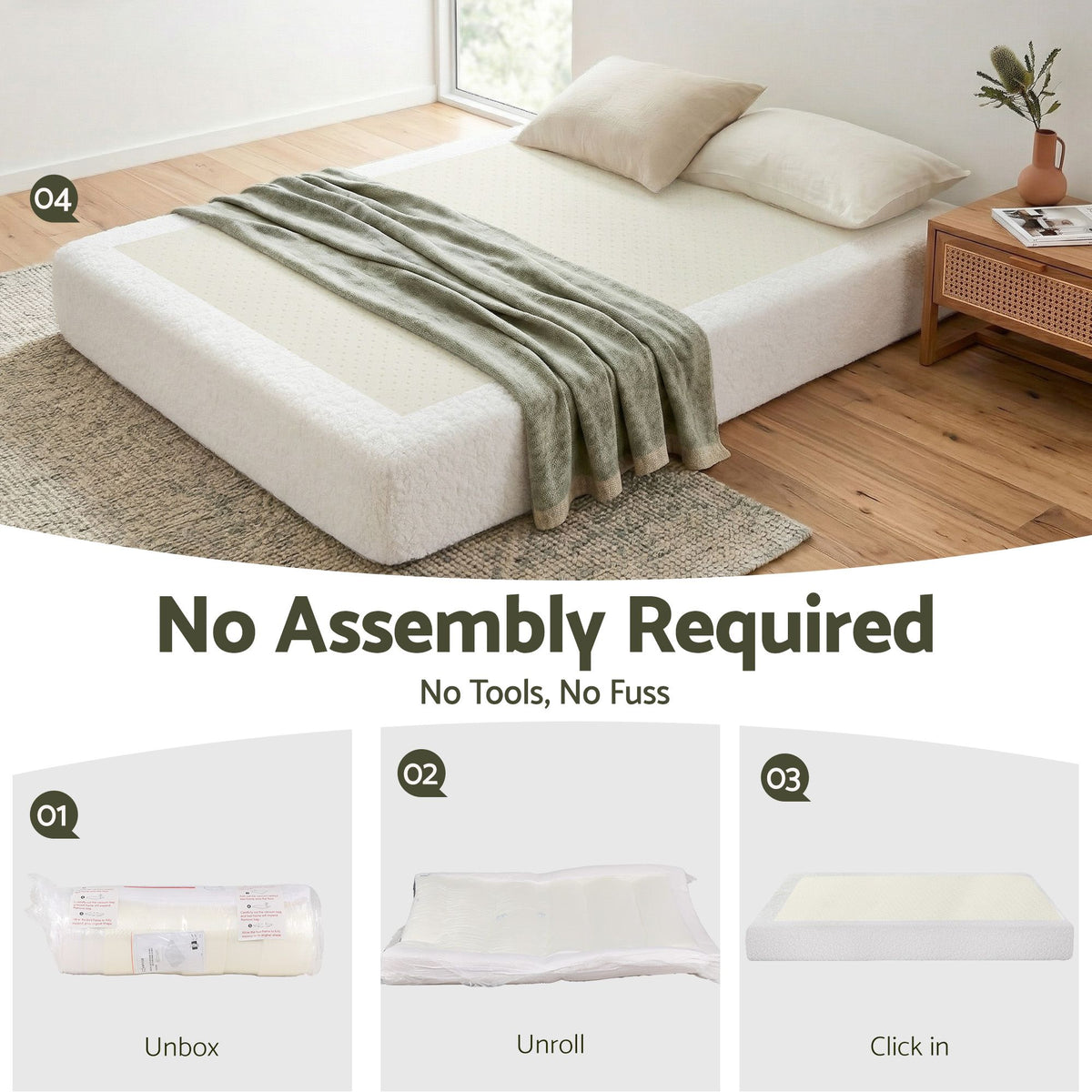 Artiss Compression Bed Frame Double Size No Assembly Vacuum High Density Sponge Boucle Cream White-Furniture > Bedroom > Beds &amp; Bed Frames-PEROZ Accessories