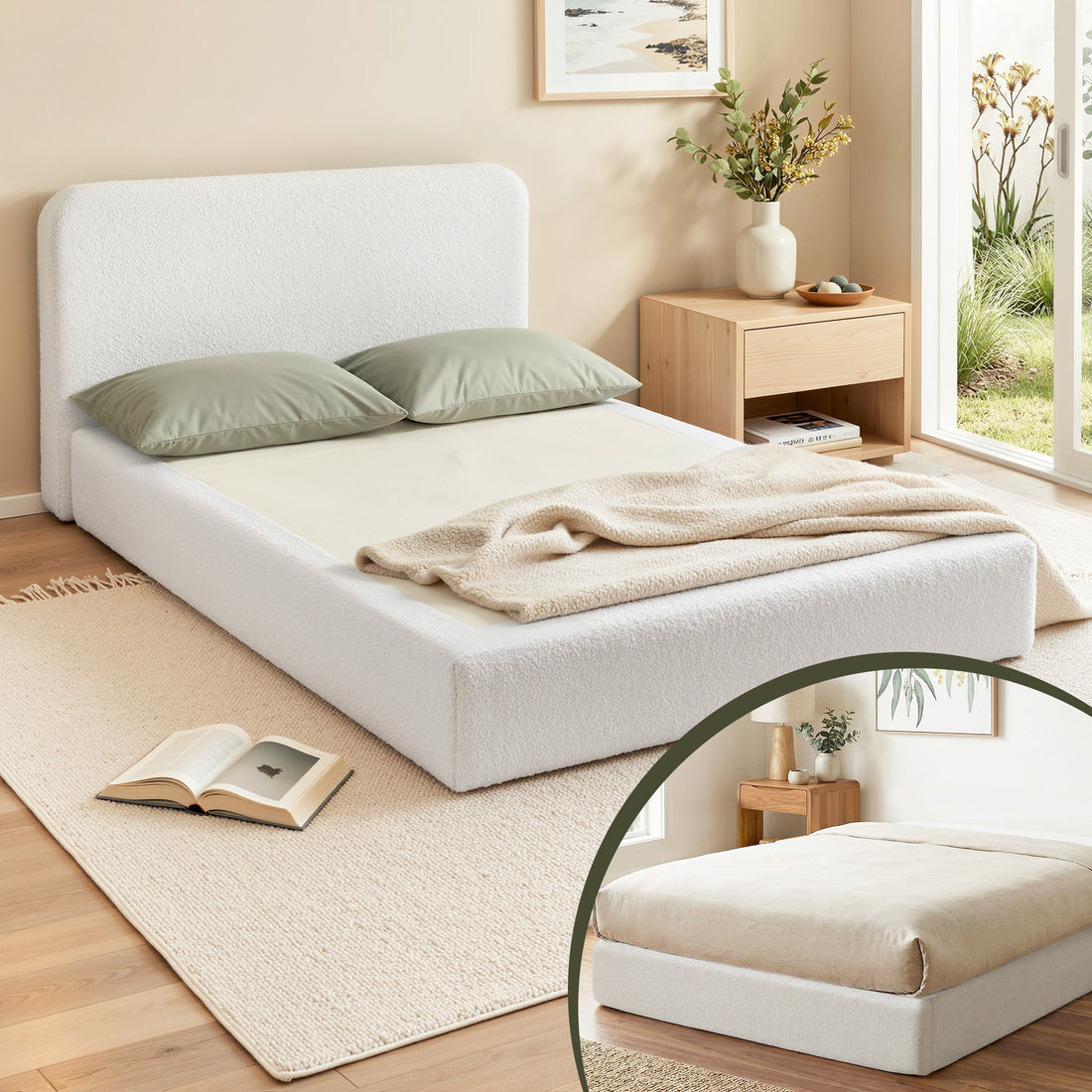Artiss Compression Bed Frame Double Size No Assembly Vacuum High Density Sponge Boucle Cream White-Furniture > Bedroom > Beds &amp; Bed Frames-PEROZ Accessories