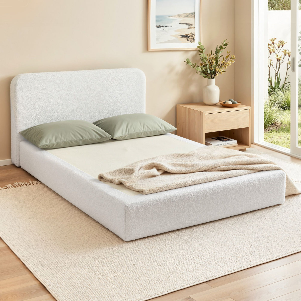 Artiss Compression Bed Frame Queen Size No Assembly Vacuum High Density Sponge Boucle Cream White-Furniture > Bedroom > Beds &amp; Bed Frames-PEROZ Accessories