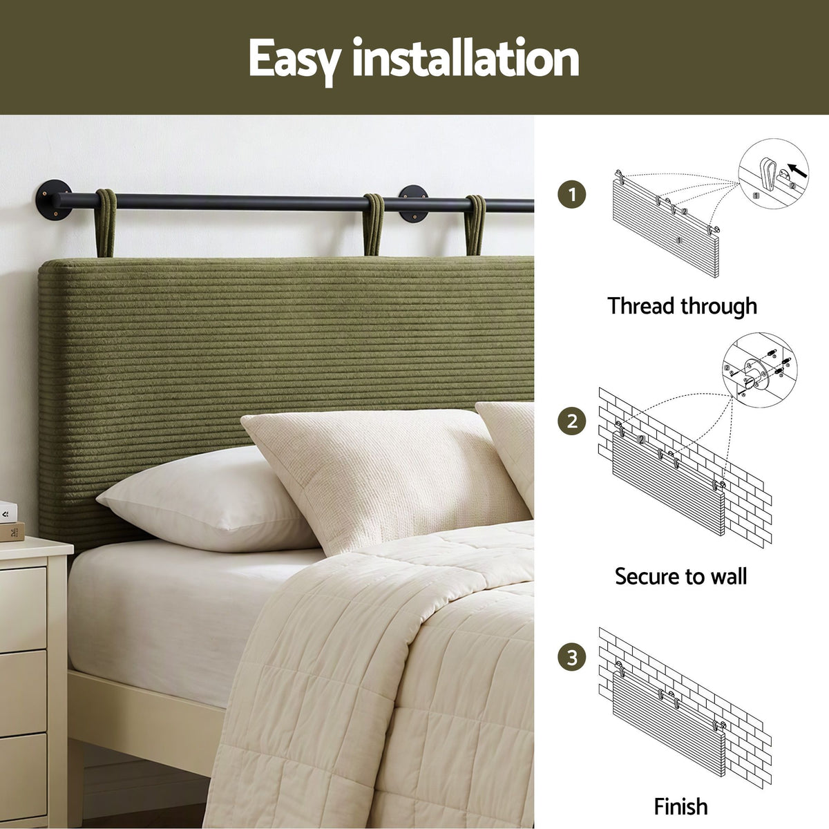 Artiss Wall Mounted Headboard Double Corduroy Upholstered Hanging Bed Head-Furniture > Bedroom > Headboards-PEROZ Accessories