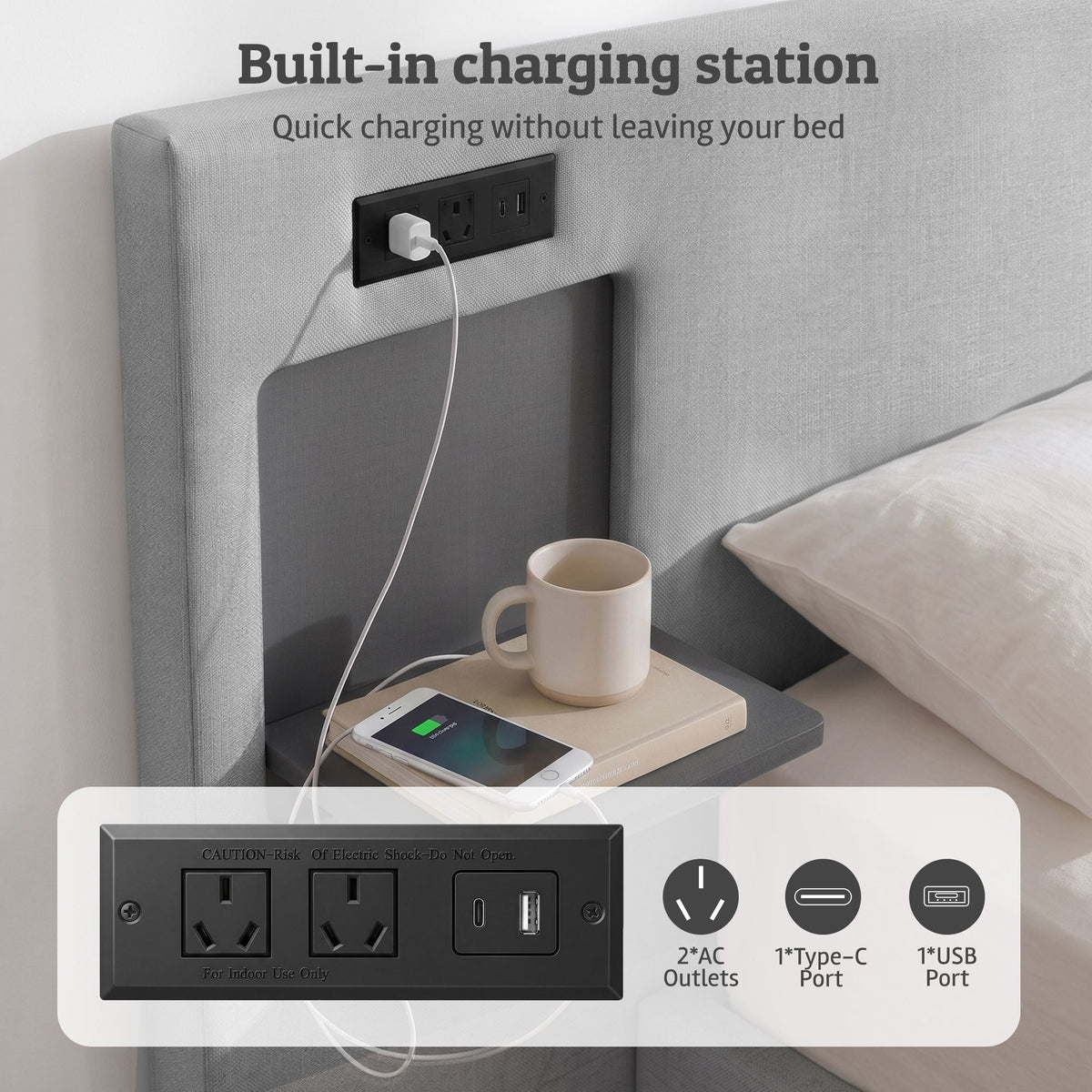 Artiss Queen Headboard Upholstered Foldable Table Charging Station Grey-Furniture > Bedroom > Headboards-PEROZ Accessories