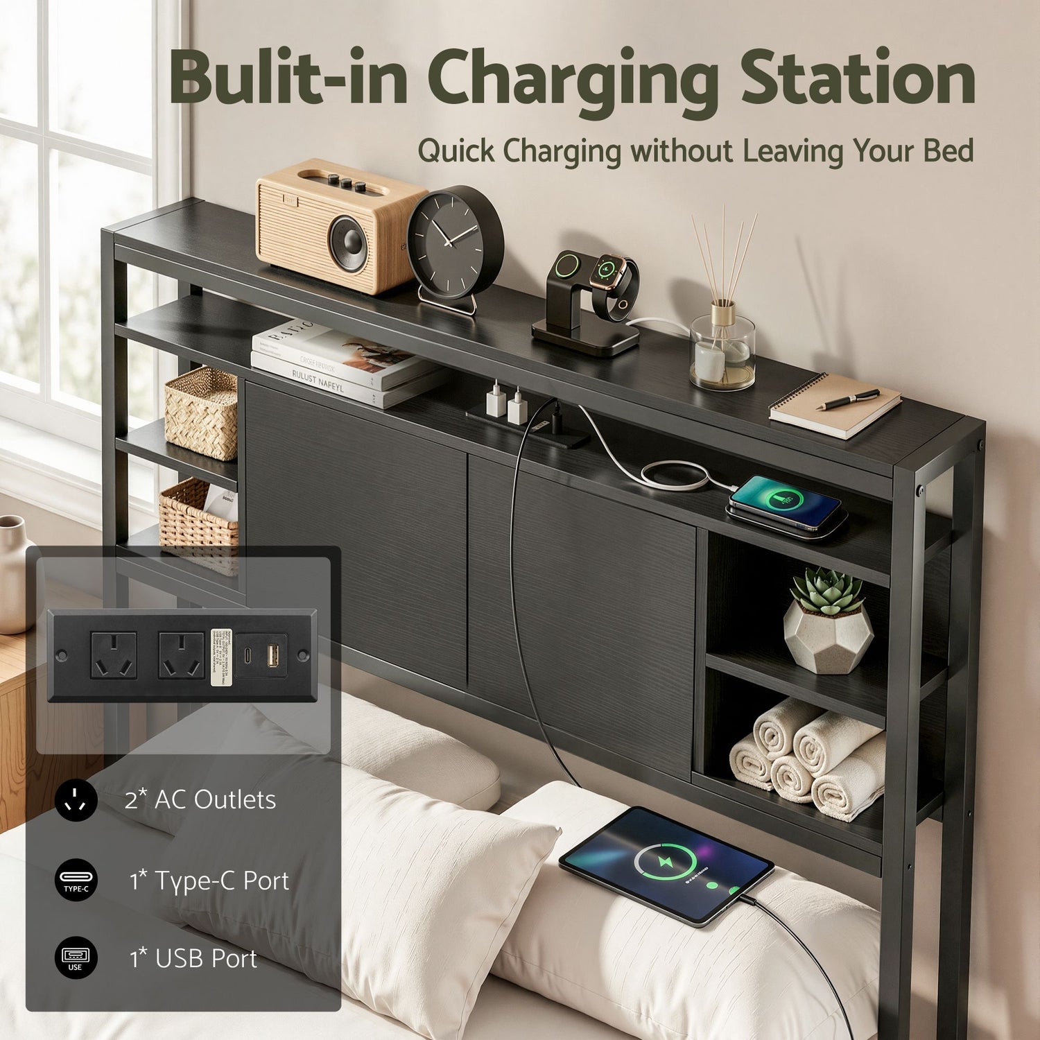 Artiss Bed Headboard King Single Storage Bedhead Charging Station Black-Furniture > Bedroom > Headboards-PEROZ Accessories