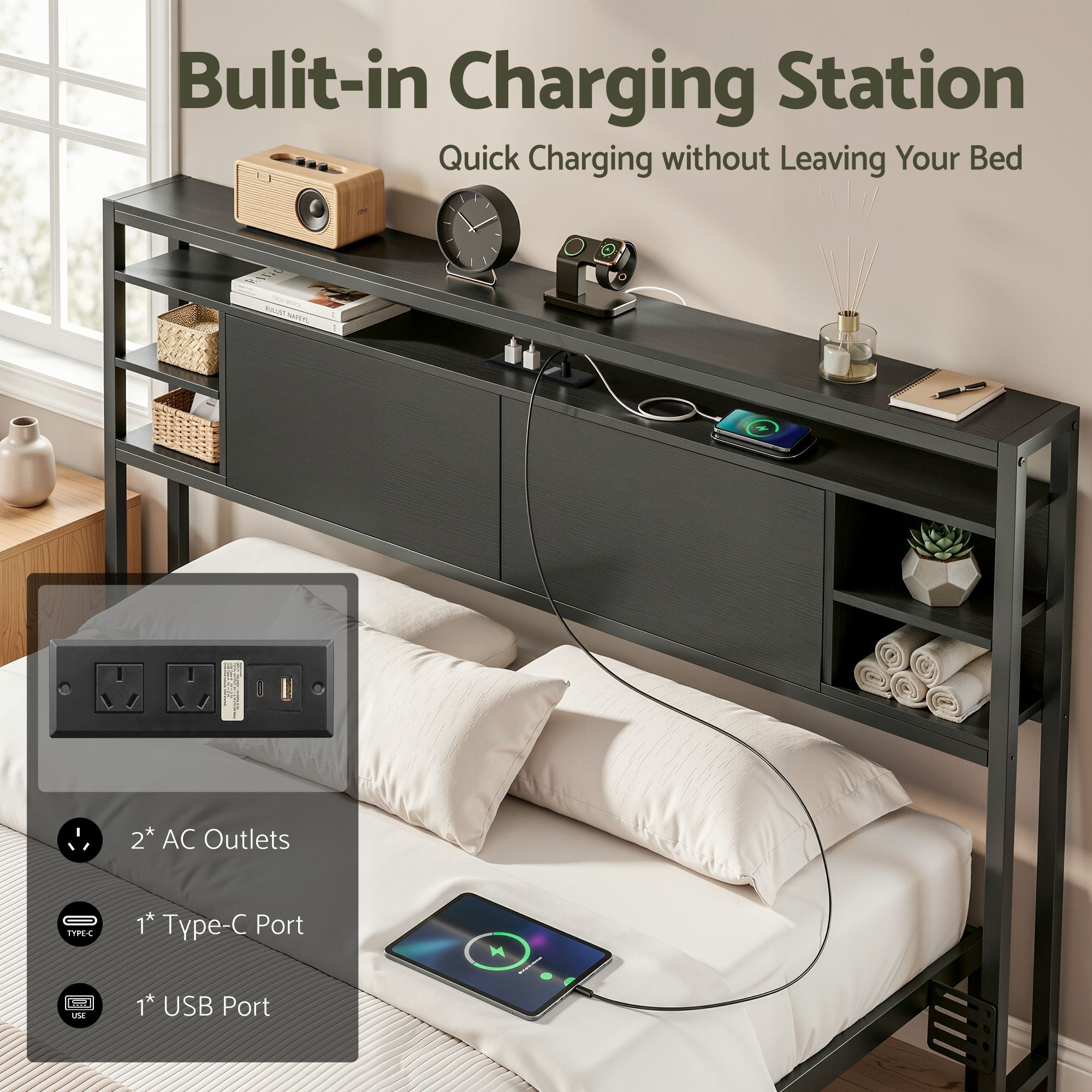 Artiss Bed Headboard Queen Storage Bedhead Charging Station Black-Furniture > Bedroom > Headboards-PEROZ Accessories